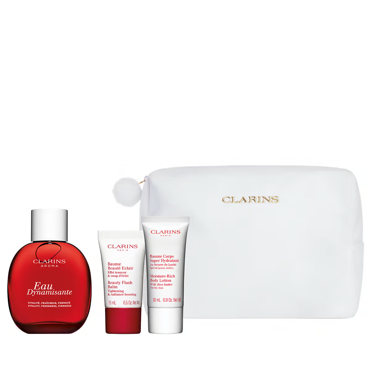 Set Clarins: Eau Dynamisante, Spray parfumată, Unisex, 100 ml + Beauty Flash Balm, Îmbunătățirea tonului, Balmoase pentru față, 15 ml + Clarins, Pungă de textil cu zambile, Albă + Lotoarea bogată în uleiuri de Shea, Lotoare hidratante, Lotoare corporale, Corp, 30 ml