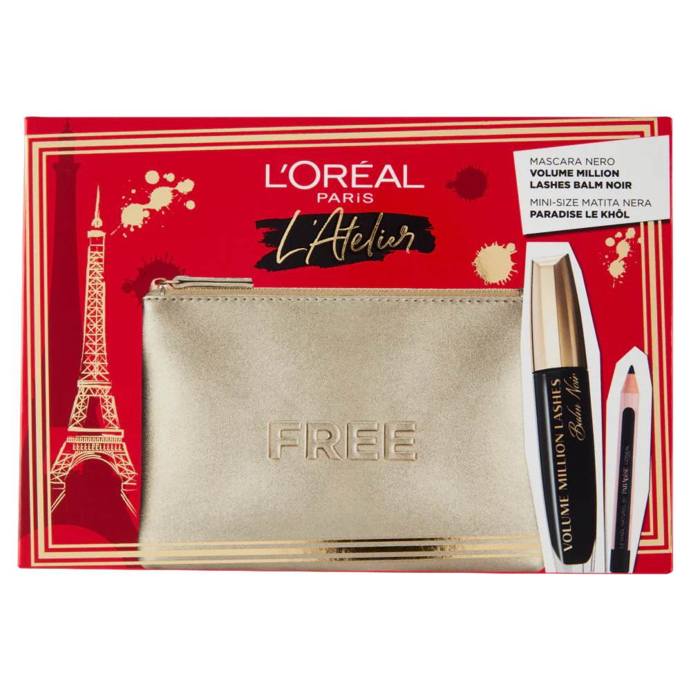 Kit de ateliere L'Oréal Paris: Volume Million Lashes, volumizare și lungire a frunzelor, mascară, neagră, 8,9 ml + Paradise, creion pentru ochi Kajal, 1,2 g + Pungă de makeup din textile, aur.