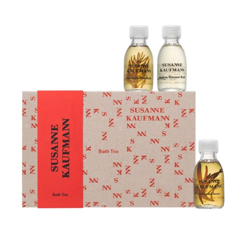 Set de baie Susanne Kaufmann: Îngrijire corporală a băii, Pentru simțuri, Nutritiv, Ulei pentru baie, 30 ml + Îngrijire corporală a băii, Pinul muntelui, Relaxant, Ulei pentru baie, 30 ml + Îngrijire corporală a băii, Flori de malvă, Nutritiv, Balsam de săpun, 30 ml