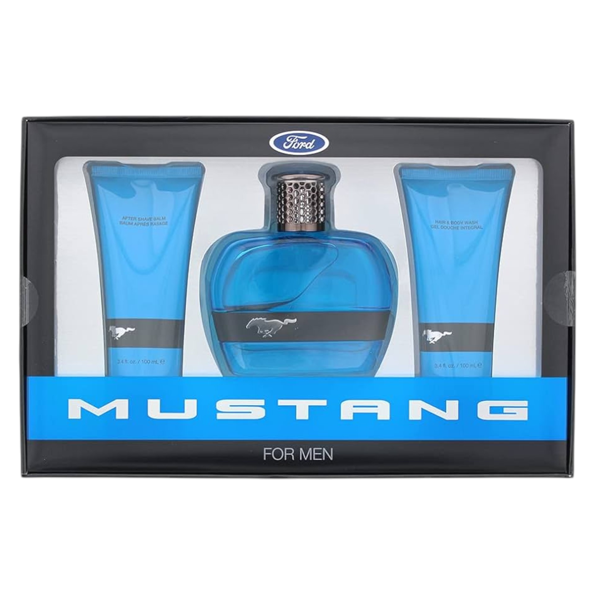 Ford Set: 
Mustang Blue, Parfum de Toaletă, Pentru bărbați, 100 ml + Mustang Blue, Hidrantare, Balsam pentru după ras, 100 ml + Mustang Blue, Hidrantare, Dezinfectant corporal, Pentru păr și corp, 100 ml