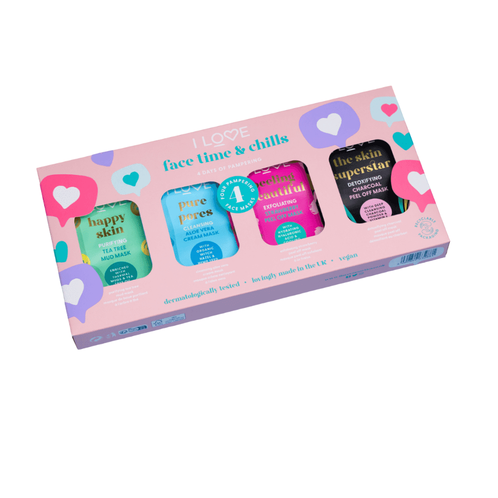 Setul Time & Chills I Love: Peeling frumos, peeling, mască de foaie pentru față, 10 ml + Skin Superstar, detoxifiantă, mască de foaie pentru față, 10 ml + Happy Skin, purificatoare, mască de foaie pentru față, 10 ml + Pure Pores, curantă, mască de foaie pentru față, 10 ml