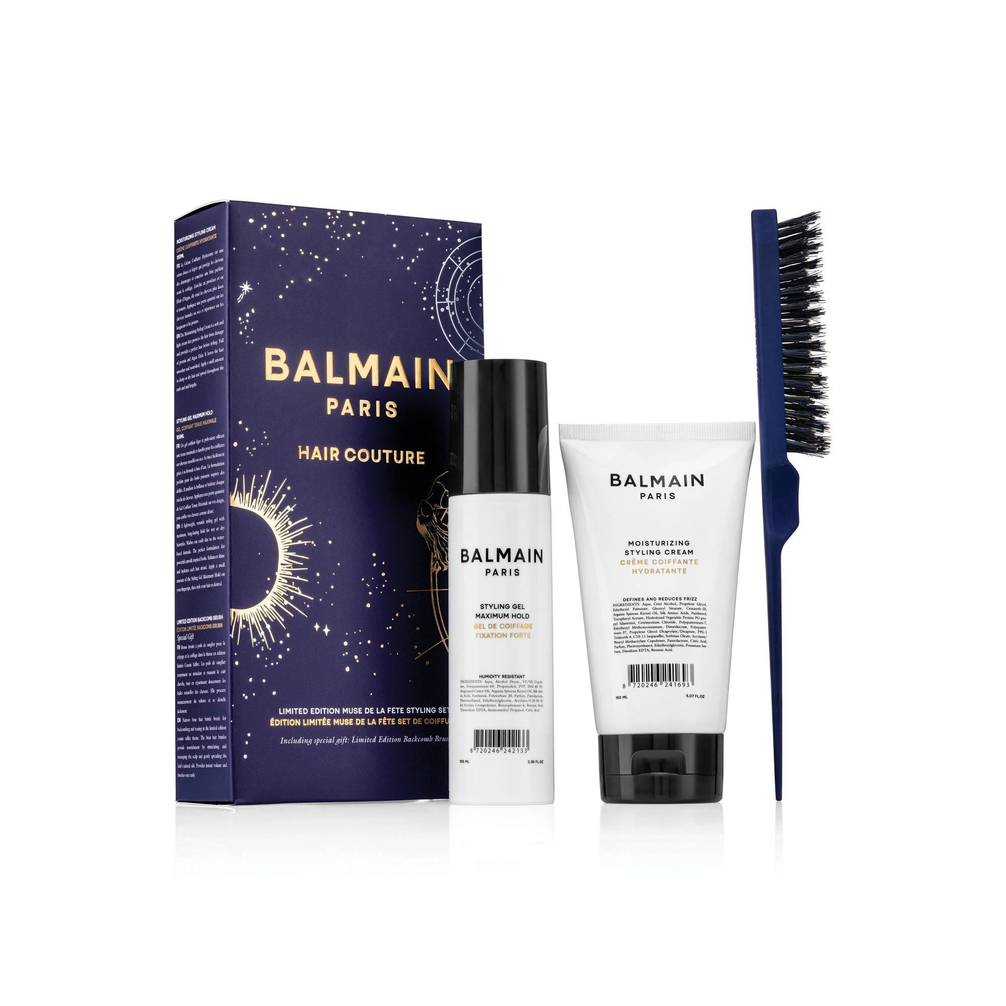 Balmain Profesional: 
- Balmain Profesional
- Pantenol
- Geamăt de styling cu panthenol, Pentru stilare, Tenie puternică, 100 ml + Îngrijire hidratantă, Crema pentru styling a părului, 150 ml + Backcomb, Pârâiaș pentru par