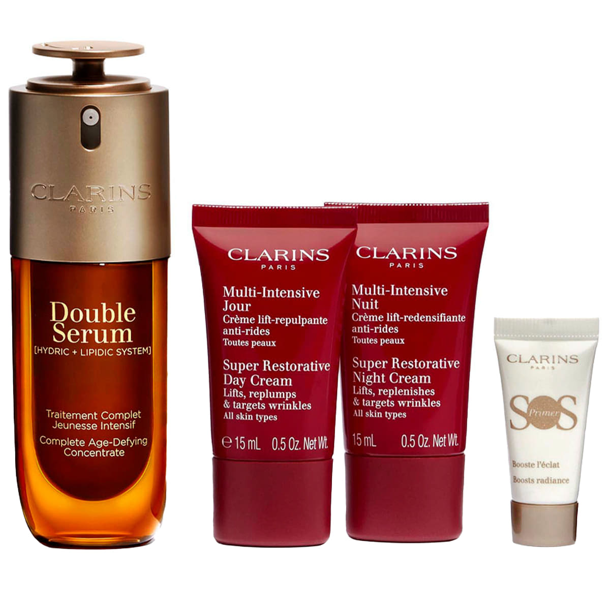 Set Clarins: Super Restorative, Reparative, Day, Cream, For Face, 15 ml + Super Restorative, Reparative, Night, Cream, For Face, 15 ml + Double, Anti-Ageing, Serum, For Face, 50 ml + S.O.S., Moisturizing, Liquid Primer, 5 ml *Miniature
