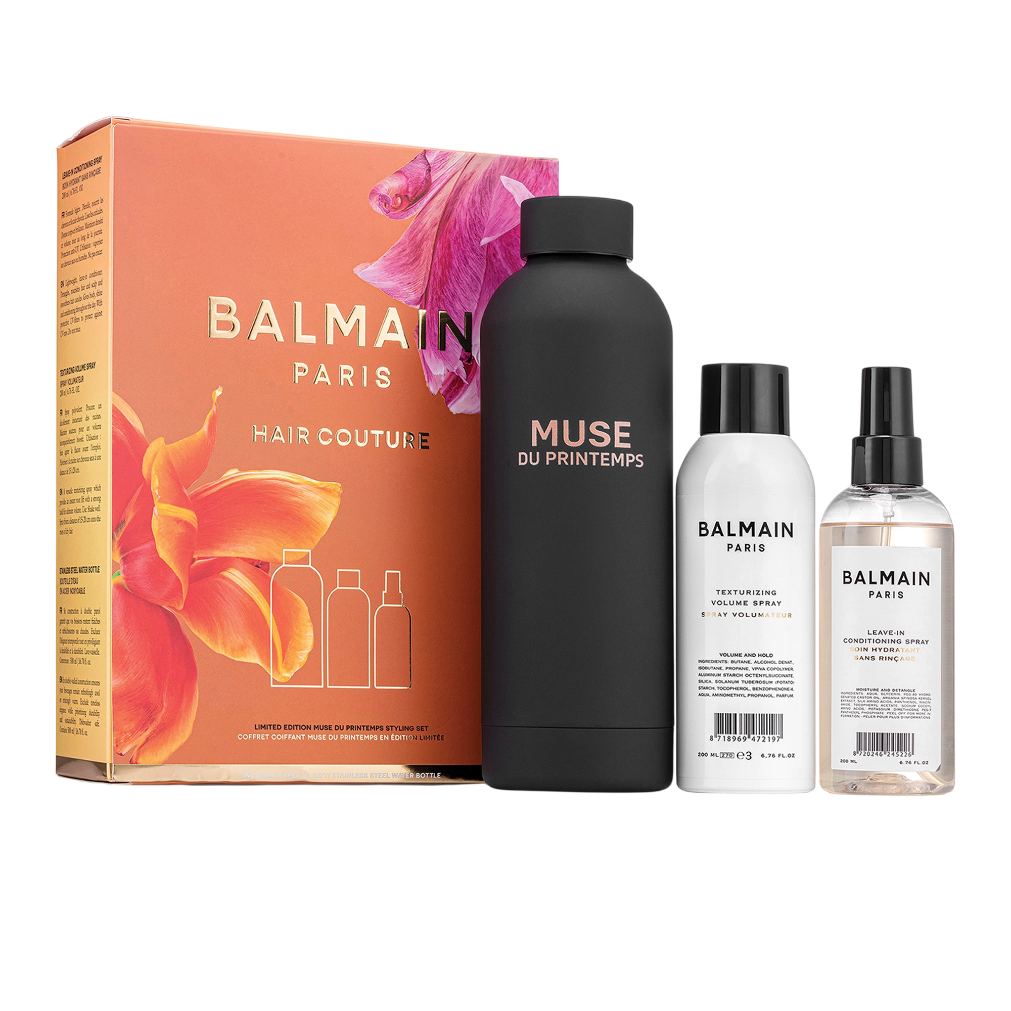 Setul Balmain Professionnel: Musea Primăverii, GWP Steel Water Bottle, Negru + Balmain Professionnel, Ulei de Argan, Condimentator pentru păr lăsat în stare liberă, Pentru hidratare/dezordonare și stralucire, 50 ml + Balmain Professionnel, Butan, Spray pentru păr, Pentru volum, Priză ușoară, 200 ml
