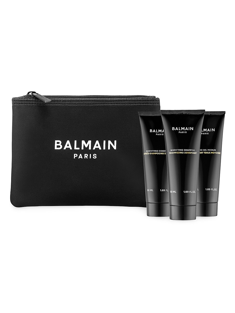 Setul de cadou Balmain: Om, Condimentator pentru păr, Corpificare, 50 ml + Om, Spălarea capului, Corpificare, 50 ml + Om, Curățirea corpului, Gel de duș, Toate tipurile de piele, 50 ml