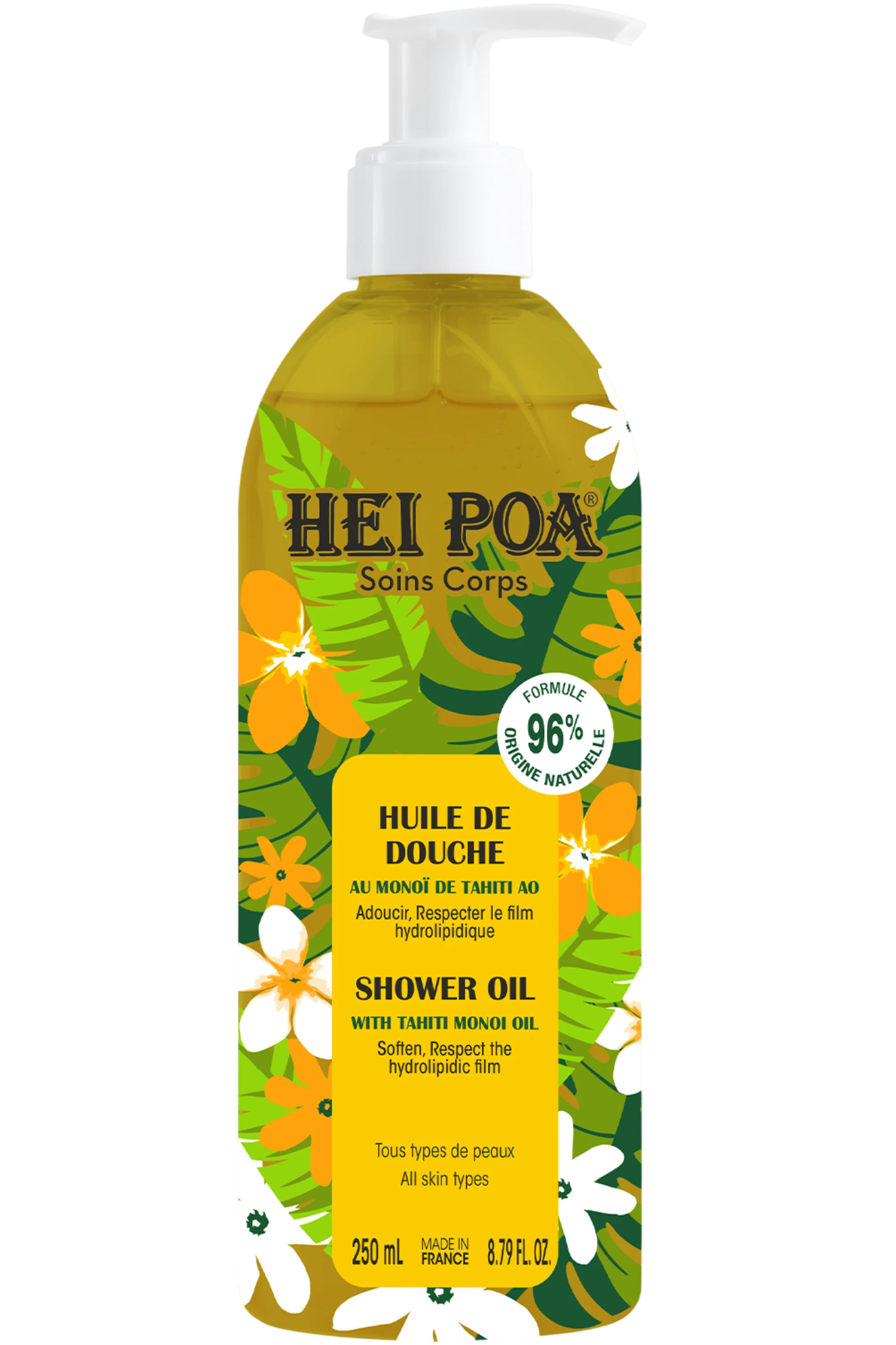 Hei Poa, Monoi De Tahiti, Yumuşatıcı, Duş Yağı, Tüm Cilt Türlerine Uygun, 250 ml