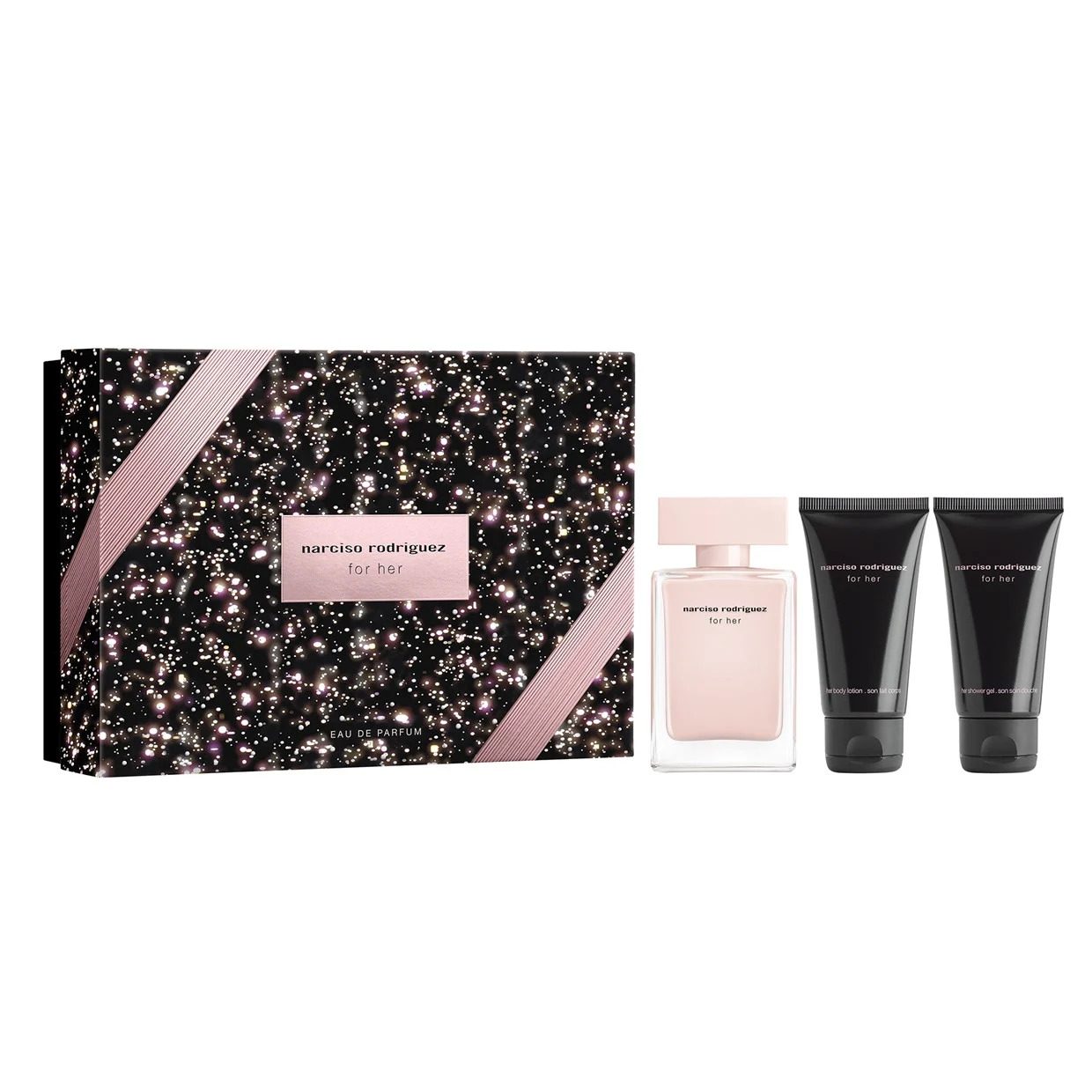 Narciso Rodriguez: Pentru Ea, Eau De Parfum, pentru Femei, 50 ml + Pentru Ea, Hidrantă, Lotion Corporelă, 50 ml + Pentru Ea, Curățare, Gel de Duș, Pe Tot Corpul, Toate Tipurile de Piele, 50 ml