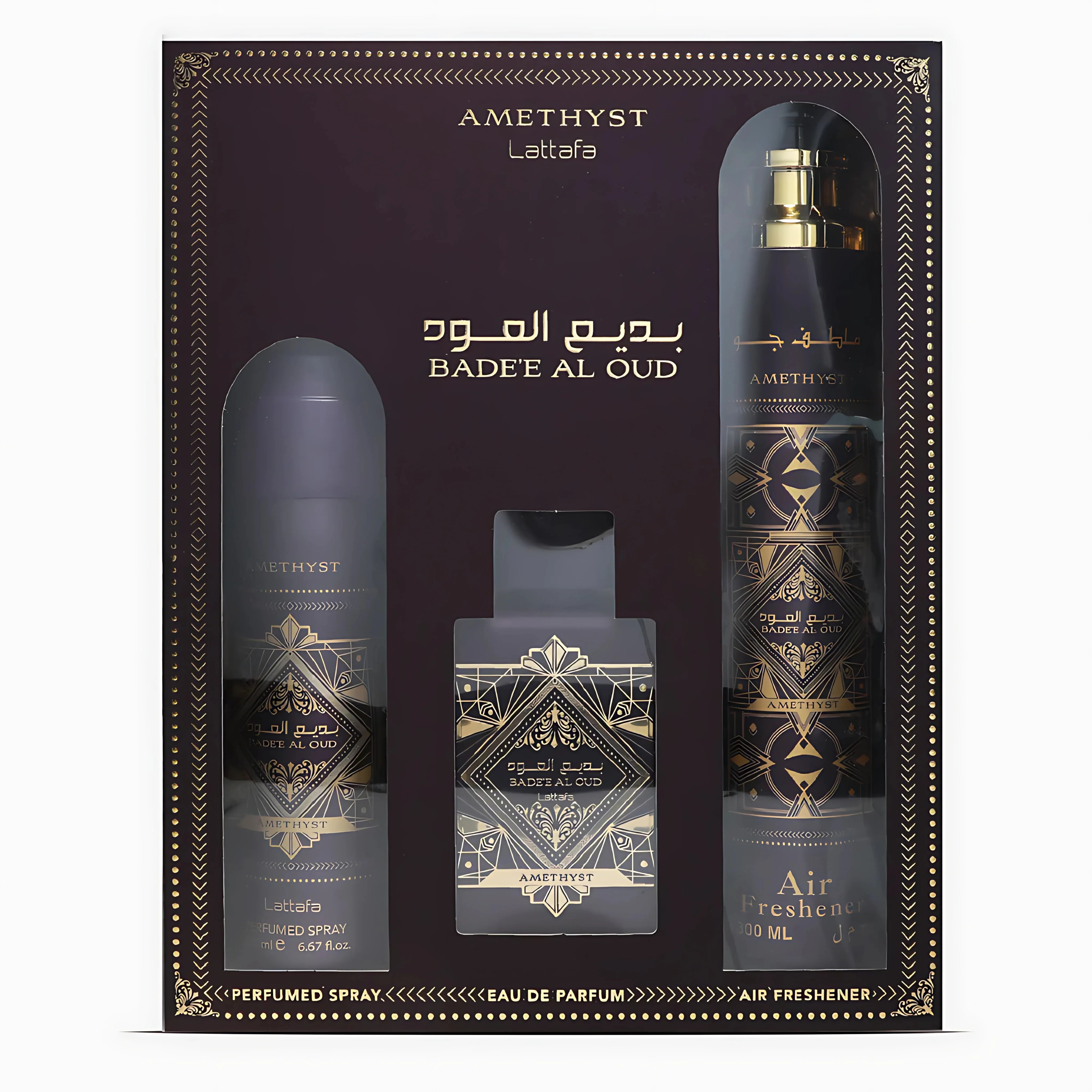 Set Lattafa: Bade'e al Oud Amethyst, Eau De Parfum, For Men, 100 ml + Bade'e al Oud Amethyst, Body Spray, 200 ml + Bade'e al Oud Amethyst, Room Spray, 300 ml