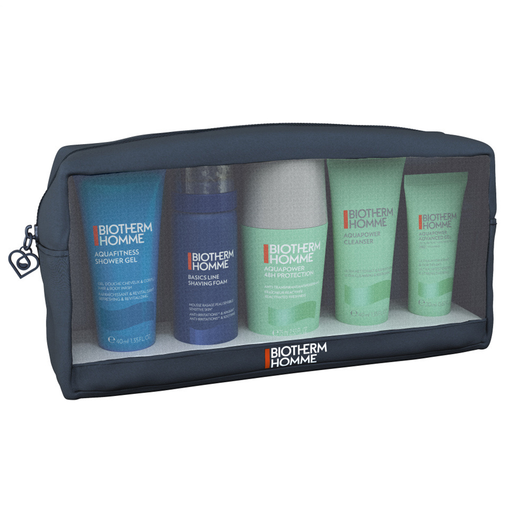 Set Biotherm: Erkek, Tıraş Sprey, 50 ml + Aquapower, Kirlilikleri Eliminerler, Yüz Temizleme Jeli, 40 ml + Aquafitness, Duştan Sonra Temizlik Jeli, 40 ml + Aquapower, Soğuk Alan Verir, Yenilenebilir, Cilt Nemlendirici Roll-On, Erkekler için, 75 ml + Aquapower, Nemlendirici, Sabahları, Cilt Jeli, Yüz için, 20 ml