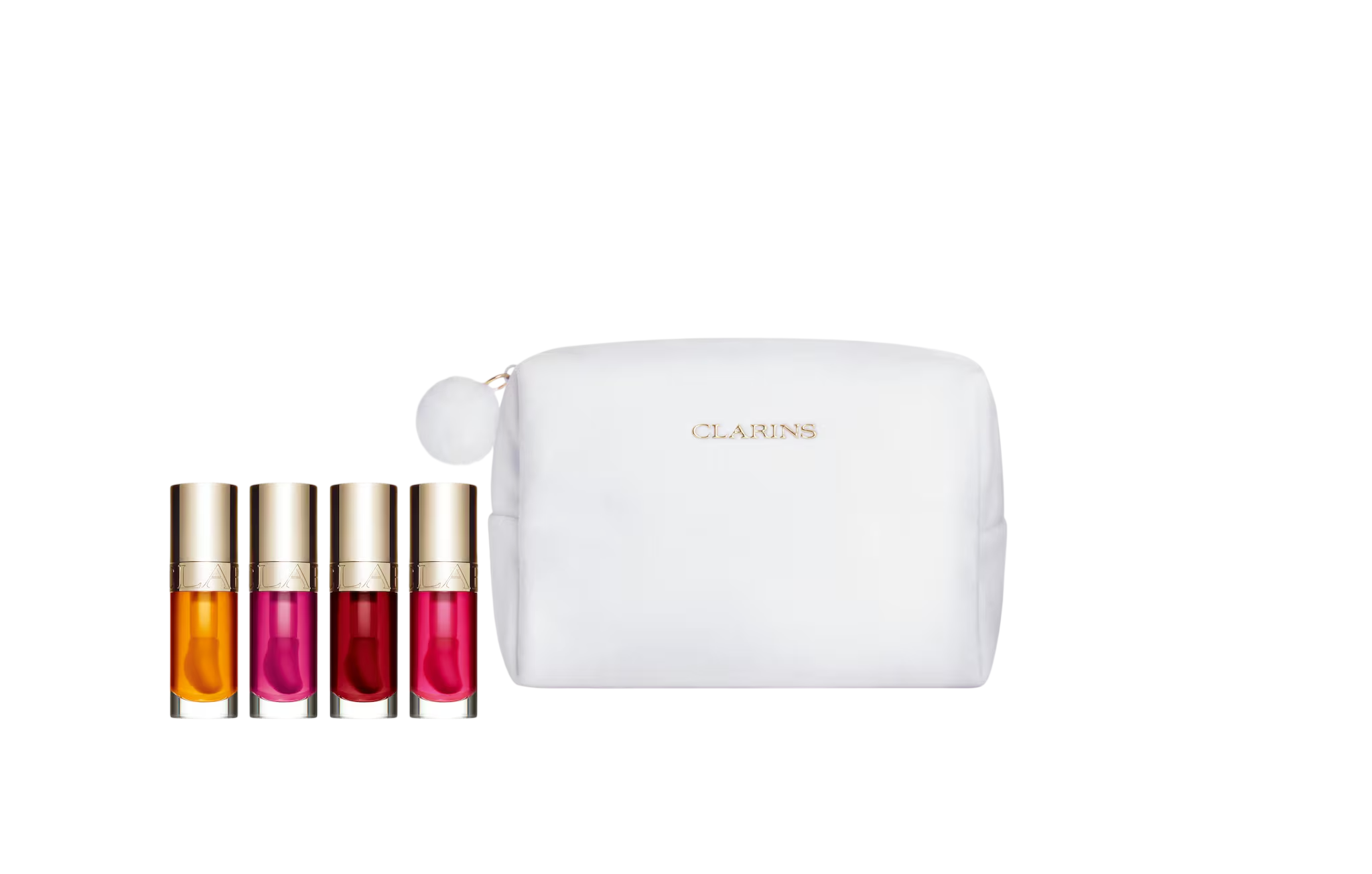 Set Clarins: Lip Comfort, Plumping, Lip Oil, 02, Raspberry, 7 ml + Lip Comfort, Plumping, Lip Oil, 01, Honey, 7 ml + Lip Comfort, Plumping, Lip Oil, 04, Pitaya, 7 ml + Lip Comfort, Berry tint, Lip Oil, 03, Cherry, 7 ml