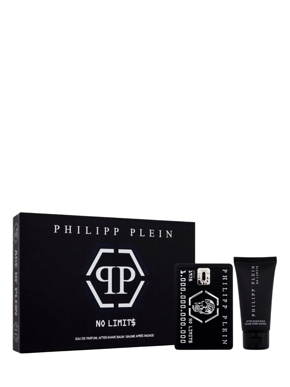 Setul Philipp Plein: Fără Limitări, Eau de Parfum pentru bărbați, 50 ml + Fără Limitări, Îngrijire hidratantă, Balme după ras, 50 ml