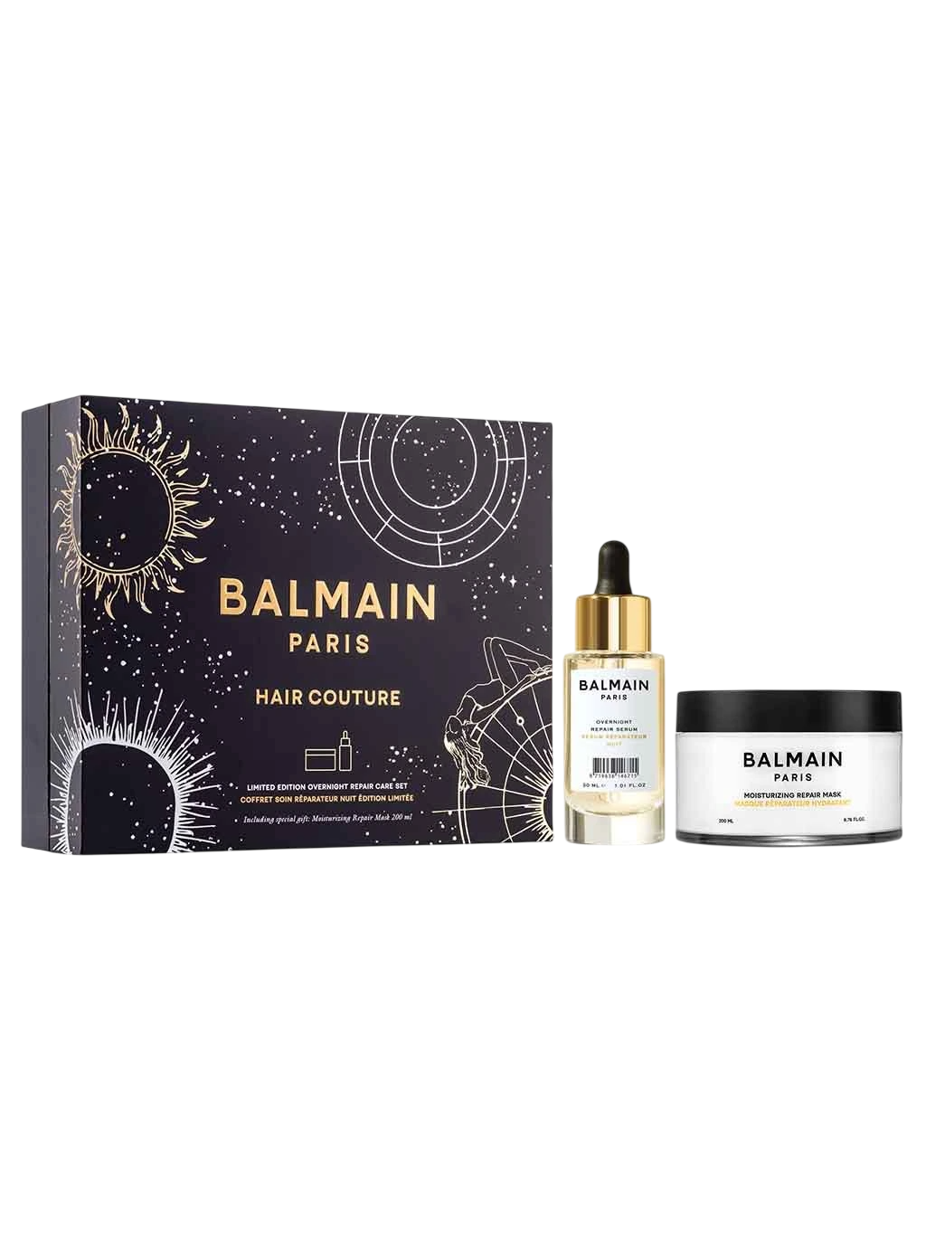Setul Balmain Professionnel: Noapte, Uleiuri botanice, Serum pentru păr, Reparare, 30 ml + Îngrijire hidratantă, Masca de tratament pentru păr, Pentru repararea, 200 ml