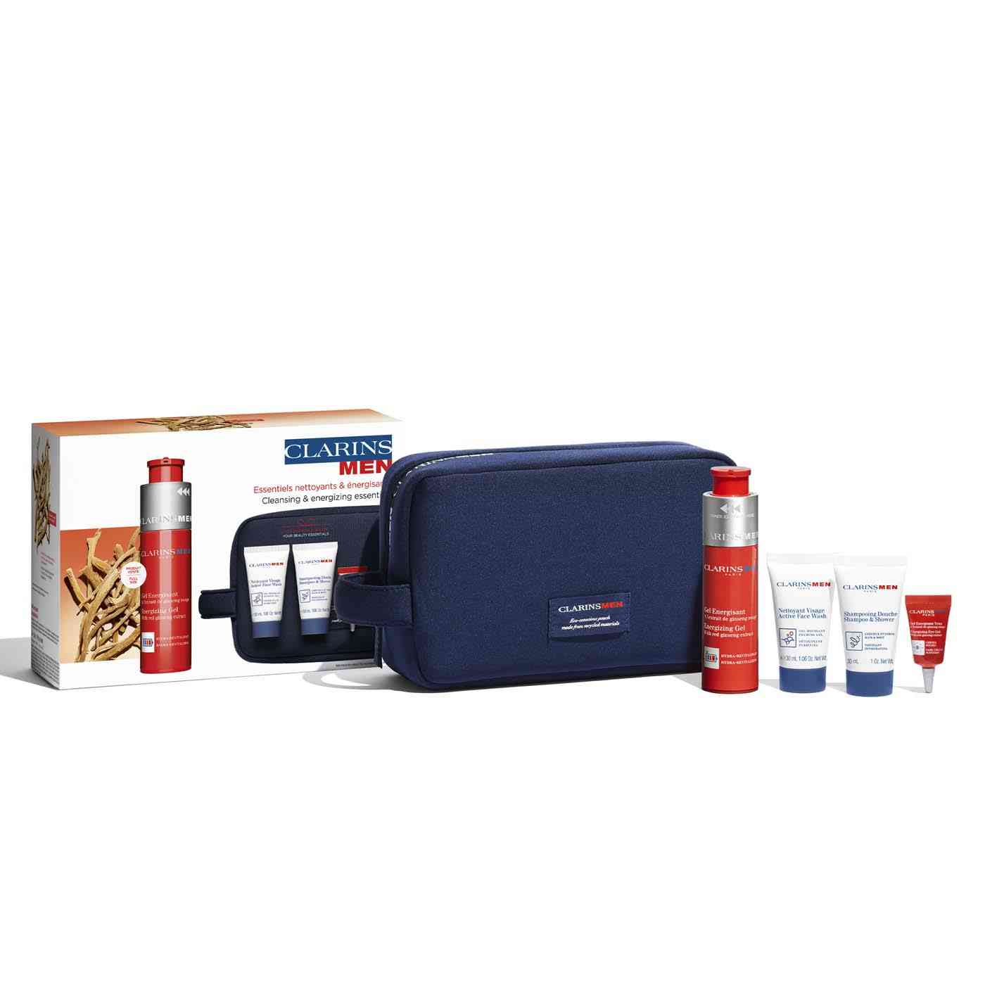 Set Clarins: Men, Energising, Gel, For Face, 50 ml + Men, Shower Gel & Shampoo 2-In-1, 30 ml + Men, Eliminates Impurities, Cleansing Gel, 30 ml + Men, Anti-Dark Circles, Eye Gel, 3 ml + Clarins, GWP Textile Pouch, Blue
