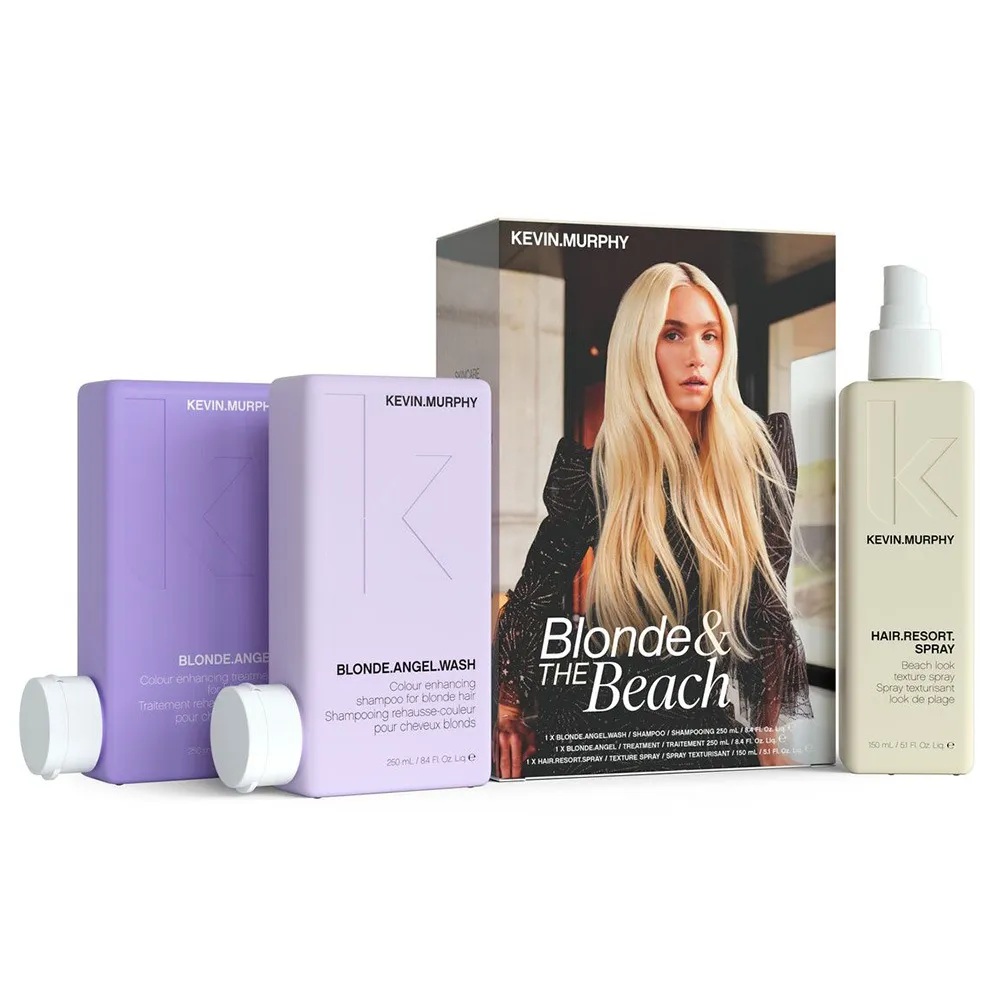 Setul Kevin Murphy: 
* Blondă Angel - Creme de tratament pentru păr, Pentru hidratare, 250 ml
+ Pământul resortului pentru păr, Spray pentru păr, Texturizant, 150 ml
+ Spălat cu Blondă Angel, Shampoo pentru păr, Hidrant și protecție a culorii, 250 ml