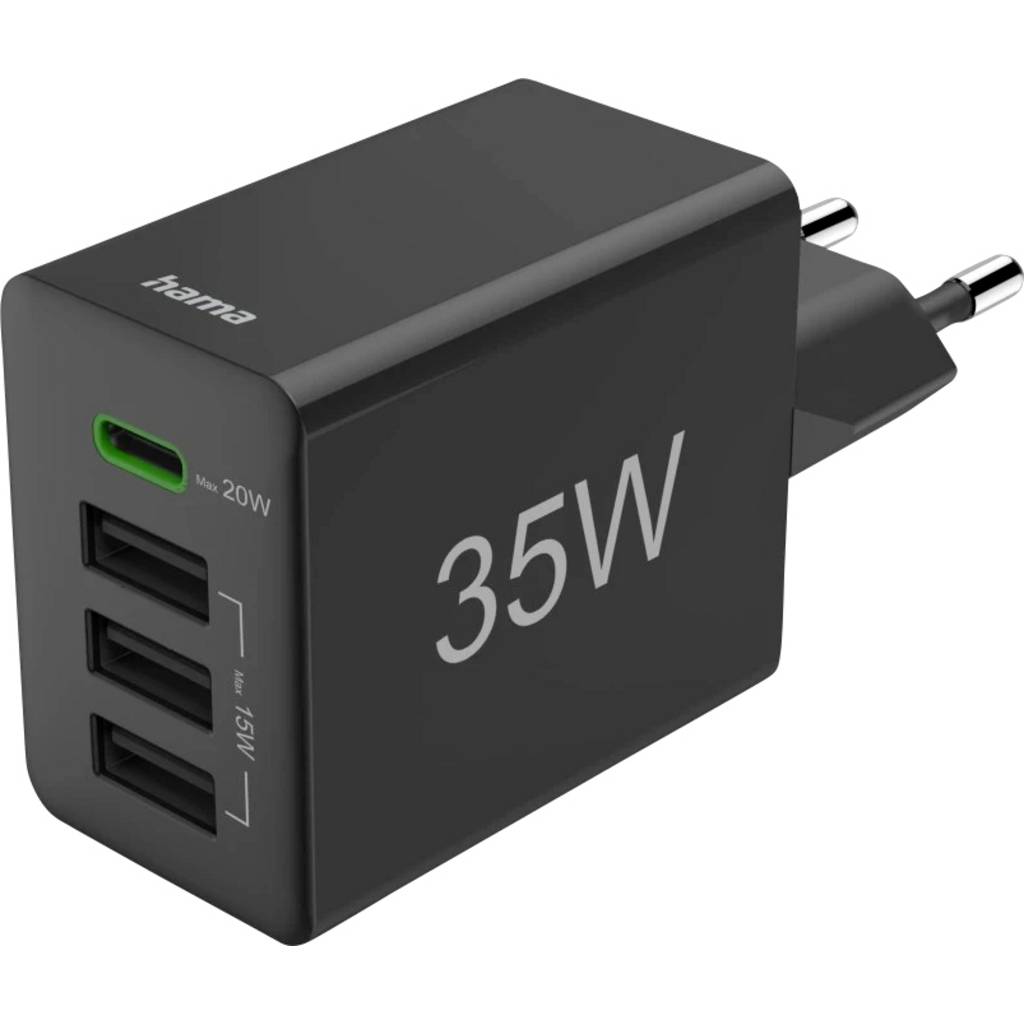 Hama Schnellladegerät, 1x USB-C PD, 3x USB-A, Mini-Ladegerät, 35W, Schw 00201990