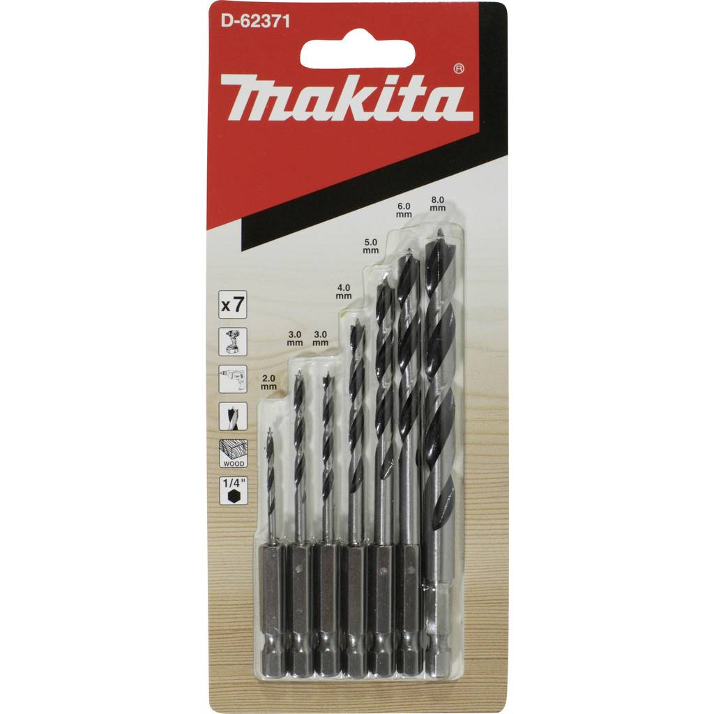 Makita D-62371 Wood twist drill bit set 2 mm, 3 mm, 4 mm, 5 mm, 6 mm, 8  D-62371