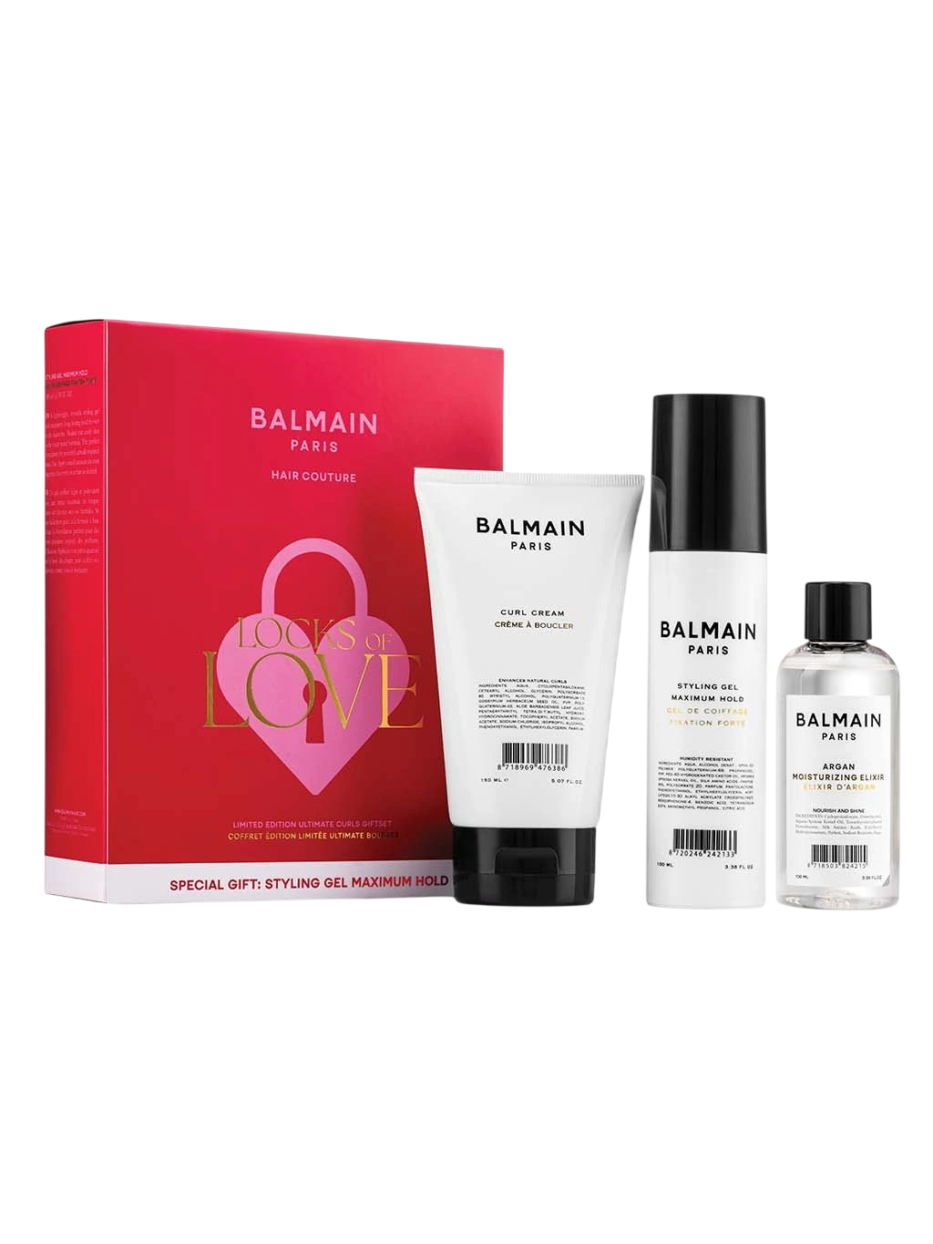 Setul Locks of Love: 
Balmain Professionnel, Crema de styling a părului, Umedește cu uleiuri naturale și protejează contra căderii parțiale sau complete. Menține forma sculptată timp îndelungat fără să se usuce prea mult.
150 ml + 
Balmain Professionnel, Gel de styling Panthenol, Pentru modelare, Șanse mari la o formă spectaculoasă și menținerea ei. Menține forma sculptată timp îndelungat fără să