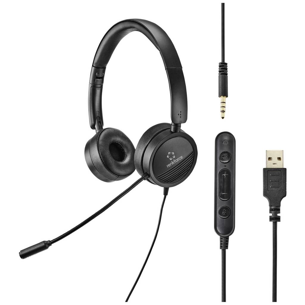 Renkforce RF-HS-360 On-ear headset Corded (1075100) Stereo Black Volu RF-4737358