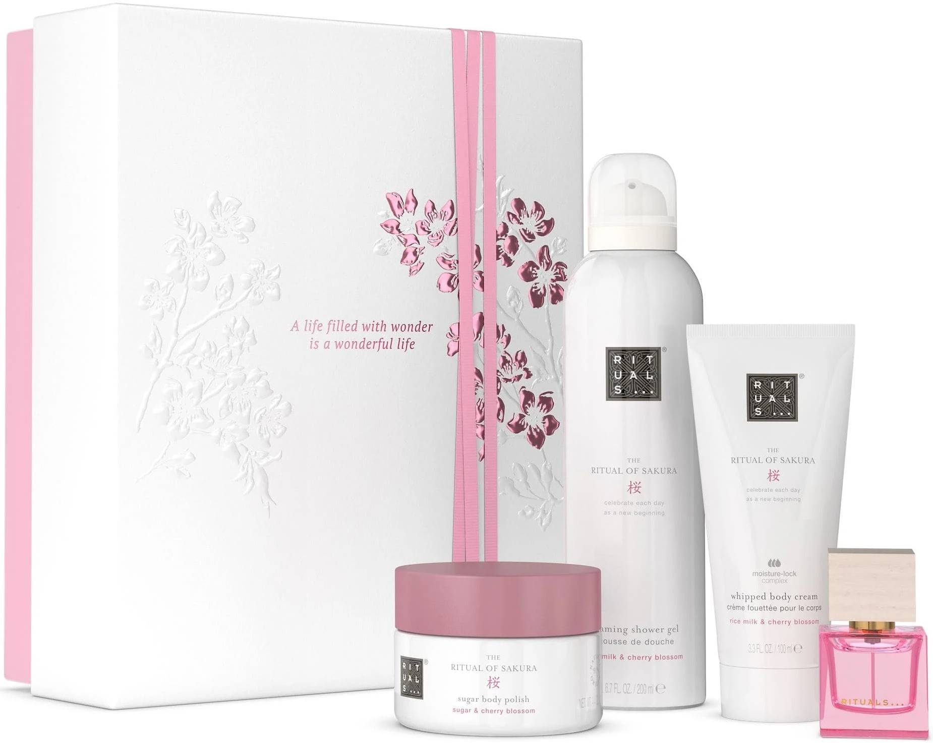Set Rituals: The Ritual Of Sakura, Rejuvenating, Body Scrub, 125 g + The Ritual Of Sakura, Shower Mousse, 200 ml + The Ritual Of Sakura, Hydrating, Body Cream, 100 ml + Reve De Hanami, Eau De Parfum, For Women, 15 ml