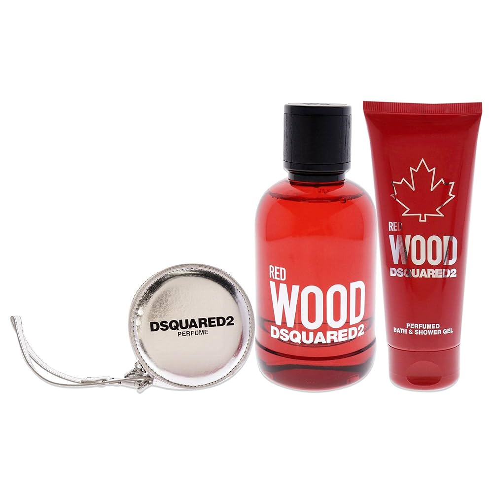 Set Dsquared 2: Lemn Roșu, Parfum de Toaletă, Pentru Femei, 100 ml + Lemn Roșu, Gel și Șampon pentru Duș 2-În-1, 100 ml + Dsquared, Pachet Textil GWP, Argintiu