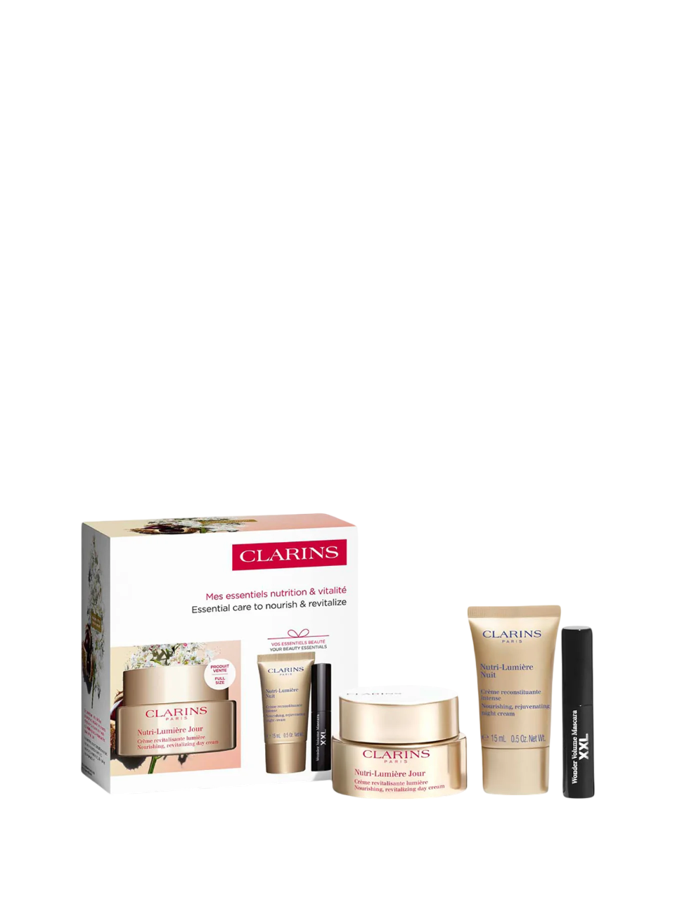 Set Clarins: Extra-Firming, Anti-Ageing, Day, Cream, For Face, 50 ml + Extra-Firming, Firming, Cream, For Neck & Decollete, 15 ml + Wonder Volume, Volumising, Mascara, Black, 3 ml *Miniature