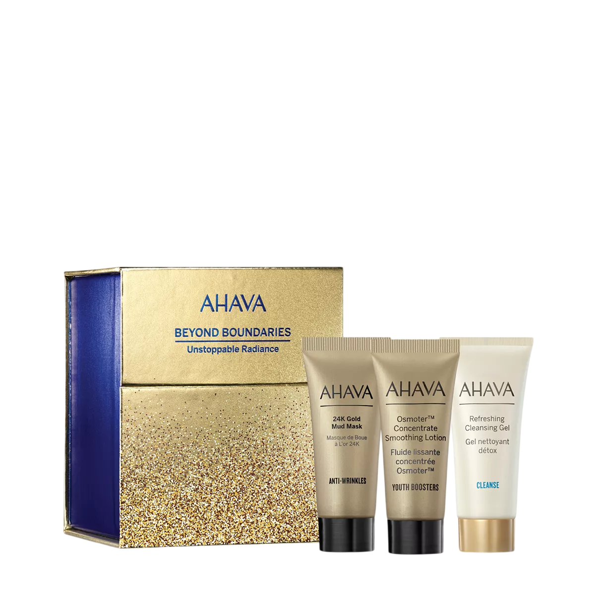 Unstoppable Radiance Set Ahava: Osmoter Concetrate, Smoothing, Lotion, For Face, 15 ml + Refresing, Eliminates Impurities, Cleansing Gel, For Face, 15 ml + 24K Gold Mineral, Anti-Wrinkle, Mud Mask, For Face, 15 ml + Ahava, GWP Textile Pouch