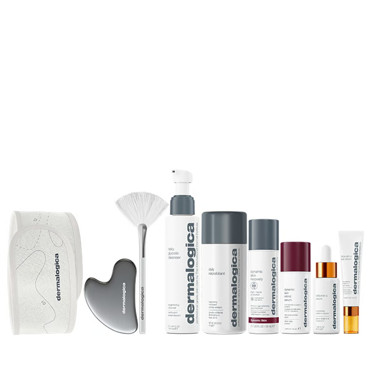 The Expertise Kit Set Dermalogica: Daily Microfoliant, Exfoliating, Exfoliating Powder, 74 g + Biolumin-C, Illuminating, Eye Serum, 15 ml + Biolumin-C, Vitamin C, Brightening, Serum, For Face, 30 ml + Dynamic Skin, Retinol, Anti-Wrinkle, Serum, For Face, 30 ml +  Daily Glycolic, Cleansing, Cleansing Gel, For Face, 150 ml + Dynamic Skin, Retinol, Anti-Wrinkle, Serum, For Face, SPF 50, 50 ml + Gua Sha , Lifting, Face Massage Stone + Masque Fan, Multi Face Brush + Dermalogica, Hair Band, White