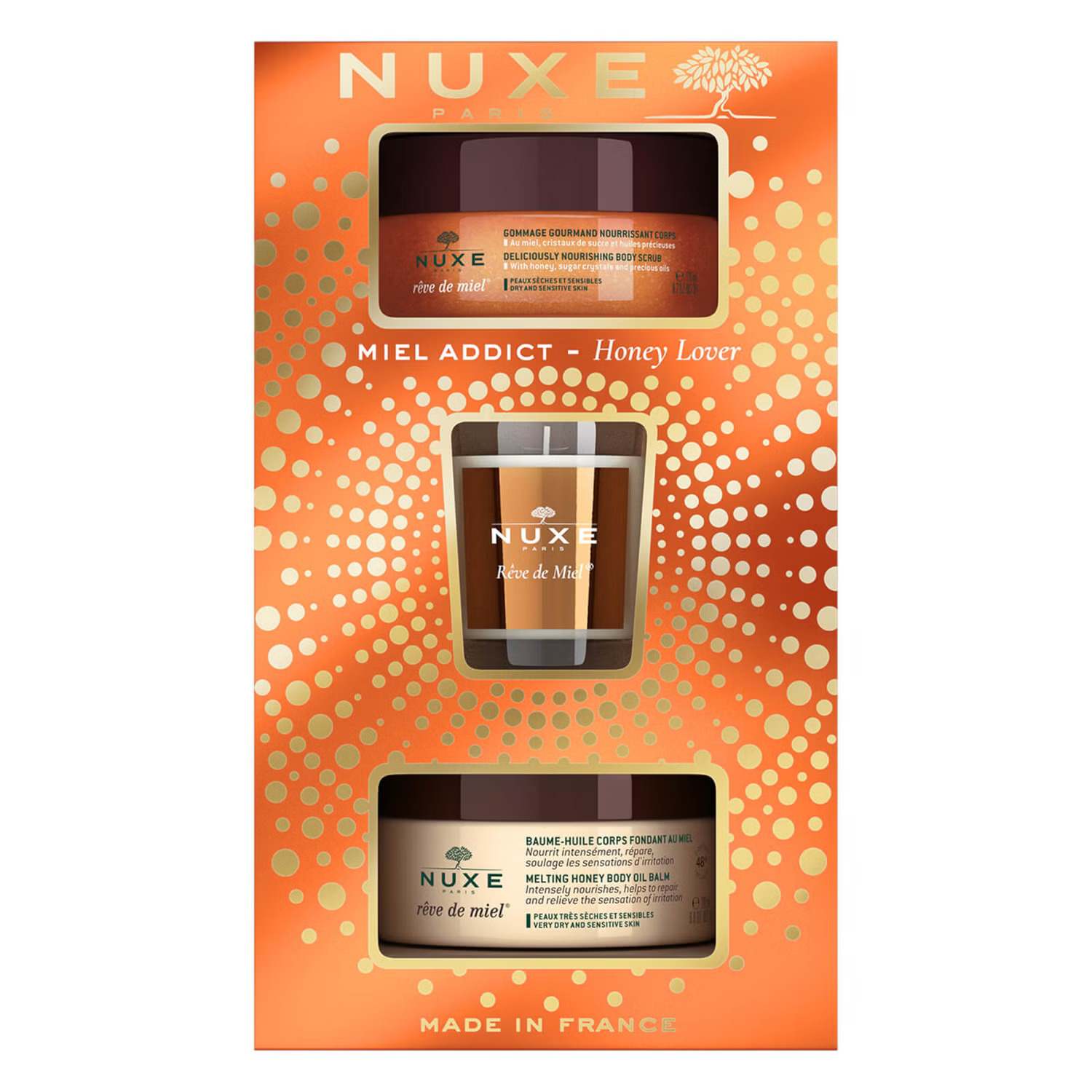 Xmas 2022 Set Nuxe: Reve de Miel Deliciously, Vegan, Calming, Body Scrub, 175 ml + Reve de Miel, Honey, Body Balm, All Over The Body, 200 ml + Reve de Miel, Scented Candle, 70 g