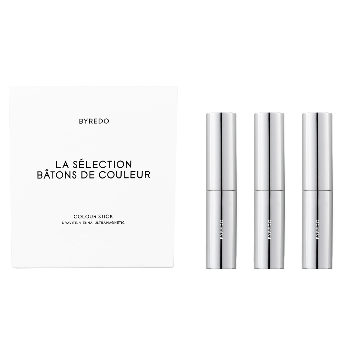 Set Byredo: Colour Stick, Multifunctional, Eyeshadow Stick, Dravite, 3.5 g + Colour Stick, Multifunctional, Eyeshadow Stick, Vienna, 3.5 g + Colour Stick, Multifunctional, Eyeshadow Stick, 580, Ultramagnetic, 3.5 g + Byredo, GWP Textile Pouch