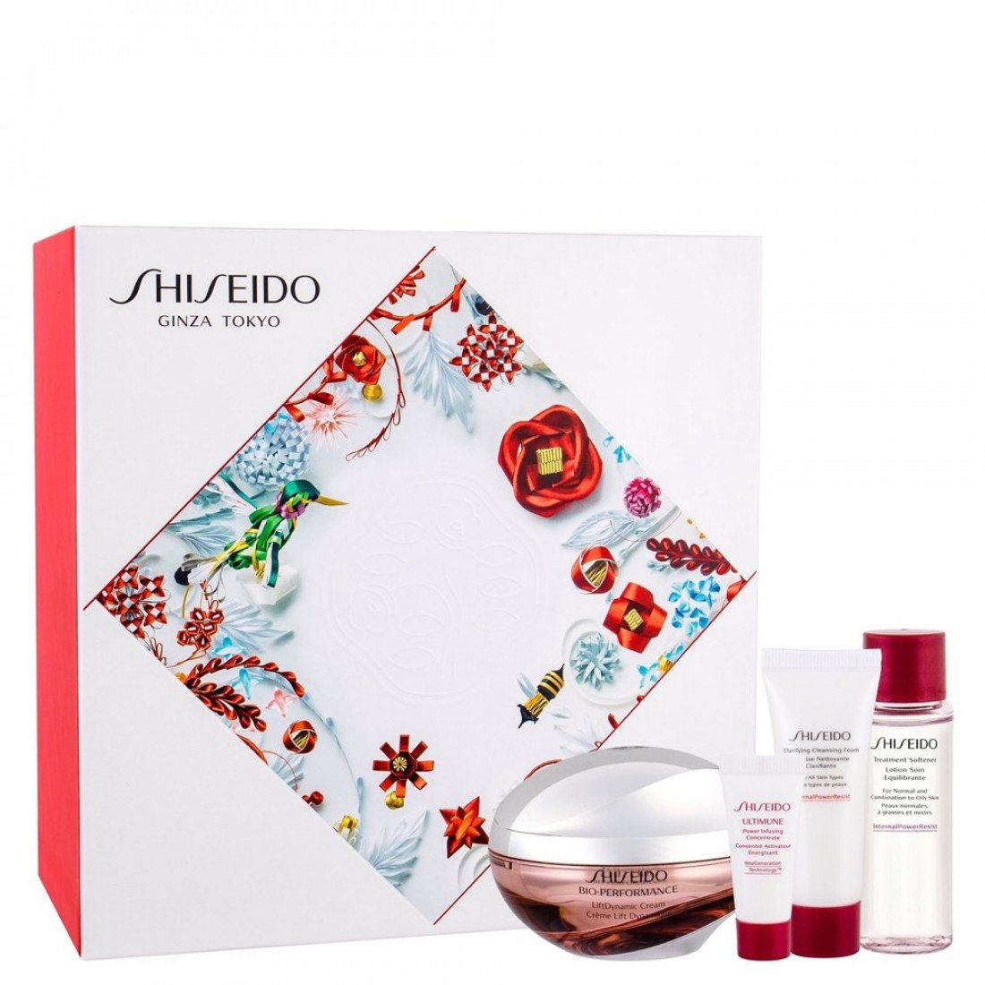 Ginza Tokyo Set Shiseido: 
*   **Bio-Performance - Liftdynamic**: Creme de ridicare pentru față, 50 ml
*   **Benefiance**, Spumă de curățare a feței, 15 ml
*   **Bio-Performance**, Lotion hidratantă și îmbunatătoare, 30 ml
*   **Ultimune**, Ser cu antioxidanți pentru față și gât, zi și noapte, 5 ml