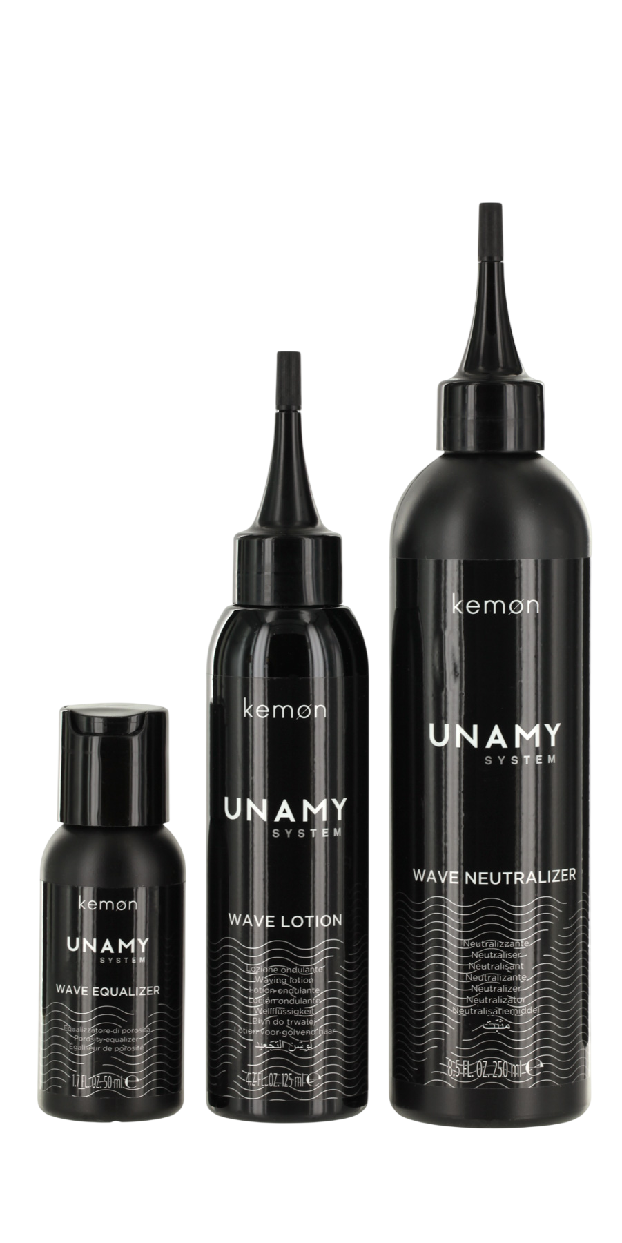 Unamy System Wave Set Kemon: Wave Equalizer, Hair Treatment Lotion Mask, 50 ml + Wave Lotion, Hair Treatment Lotion Mask, 150 ml + Wave Neutralizer, Hair Treatment Lotion Mask, 250 ml