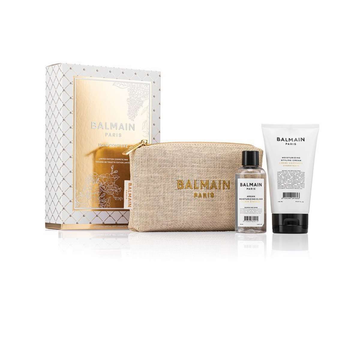 Balmain Profesionistă: Setul de îngrijire cu argan:

* Elixir hidratant Argan pentru păr
	+ Ulei pentru par
	+ Pentru nutrirea și protejarea părului (100 ml)
* Creme de styling, 150 ml + Pachet textil GWP Balmain Profesionistă 
Punga din piele naturală în culoare maro deschis
