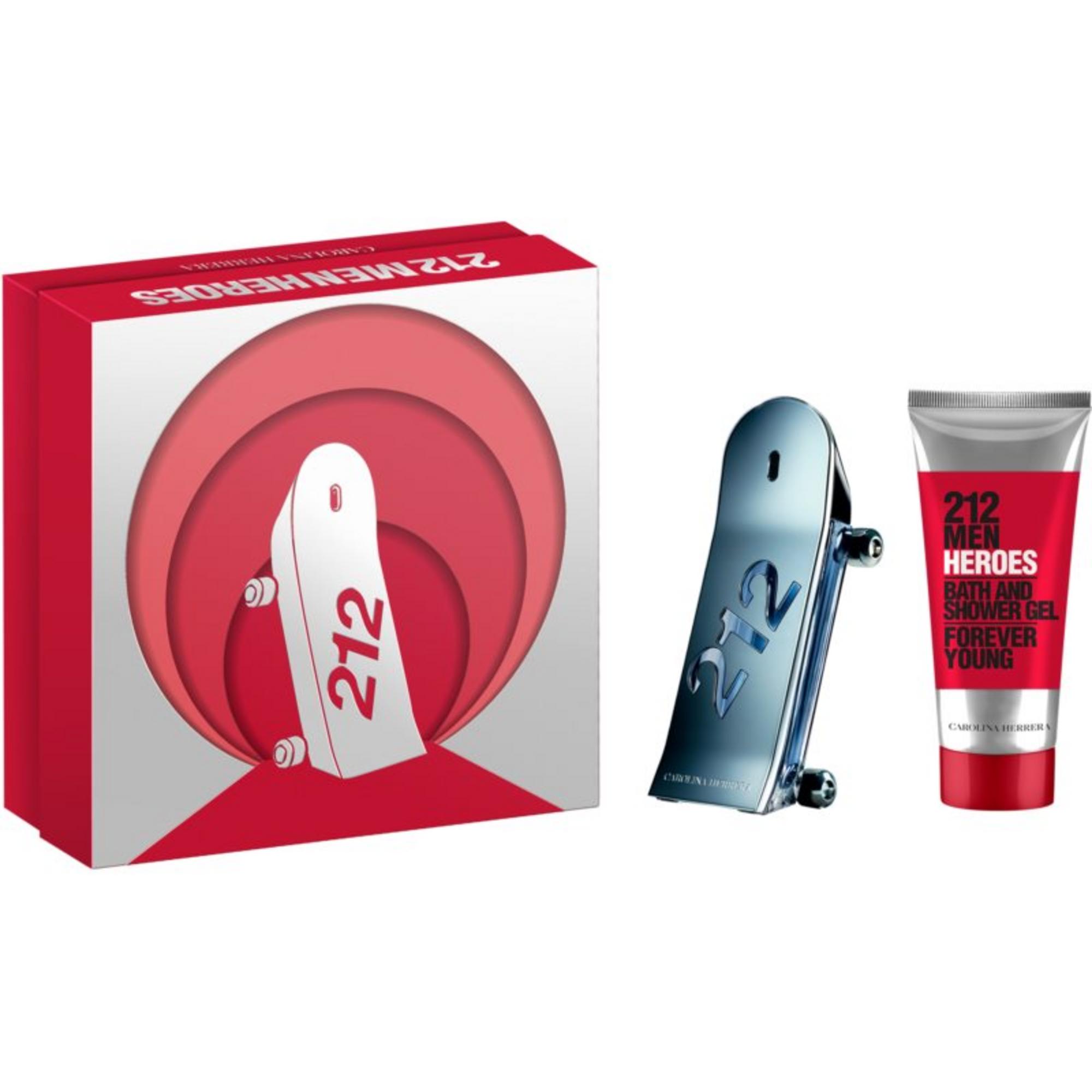 Carolina Herrera: Setul "212 Heroes", Parfum de băutură pentru barbati, 90 ml + Setul "212 Heroes" - Geamantan de duș, Toate tipurile de piele, 100 ml.
