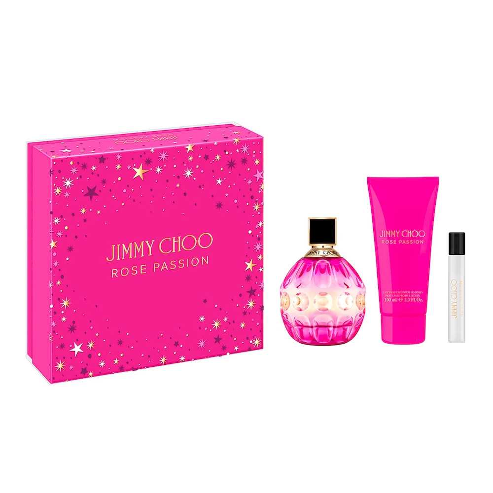 Setul Jimmy Choo: Rose Passion, Eau de Parfum pentru Femei, 100 ml + Rose Passion, Eau de Parfum pentru Femei, 7,5 ml + Rose Passion, Loțiune corporală, 100 ml