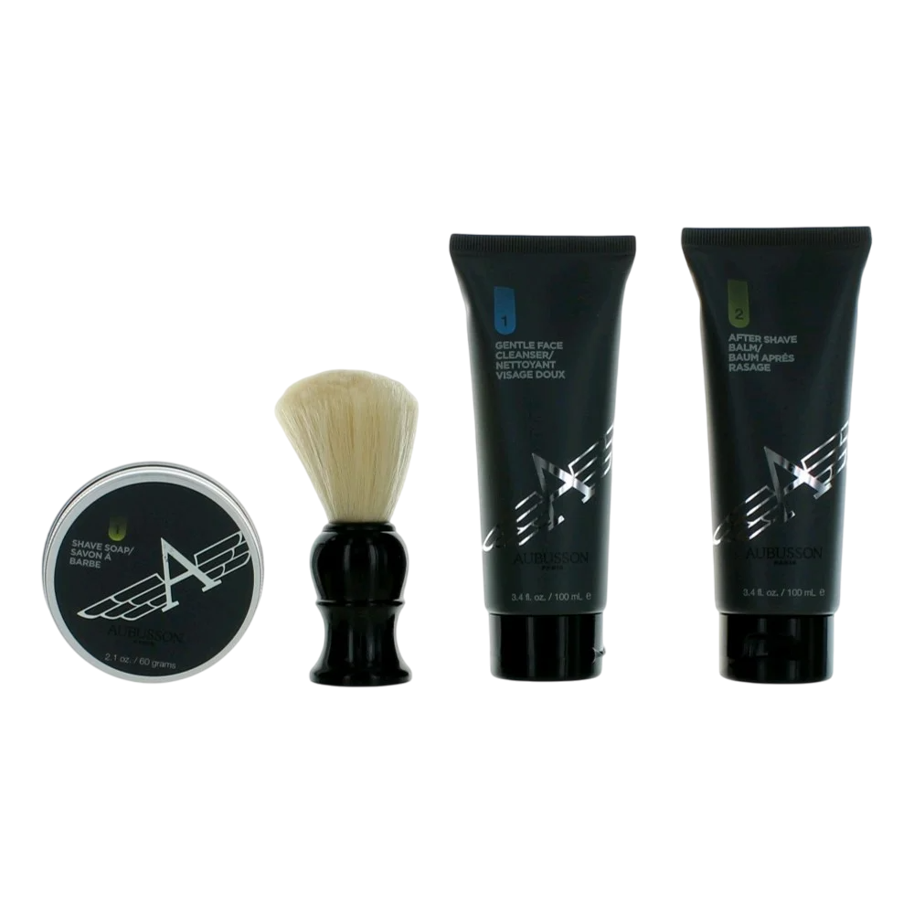 Setul Aubusson: Cruiser, Eliminează impuritățile, Creme de curățare, 100 ml + Cruiser, Calmante, Balsam pentru după ras, 100 ml + Cruiser, Sabon de ras, 60 g + Cruiser, Penele din lemn pentru barbă, Negru