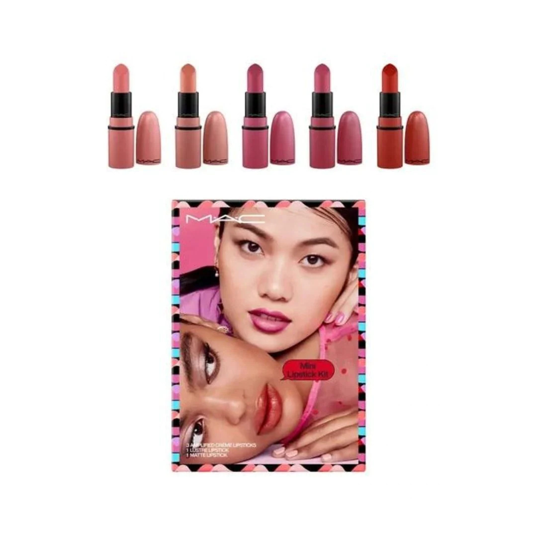 Mini Lipstick Kit Set MAC: Amplified, Matte, Cream Lipstick, You Can't Chili With Us, 1.8 g *Miniature + Amplified, Matte, Cream Lipstick, Double Date, 1.8 g *Miniature + Amplified, Matte, Cream Lipstick, Velvet Teddy, 1.8 g *Miniature + Amplified, Matte, Cream Lipstick, Package Deal, 1.8 g *Miniature + Lustre, Matte, Cream Lipstick, Plumful, 1.8 g *Miniature