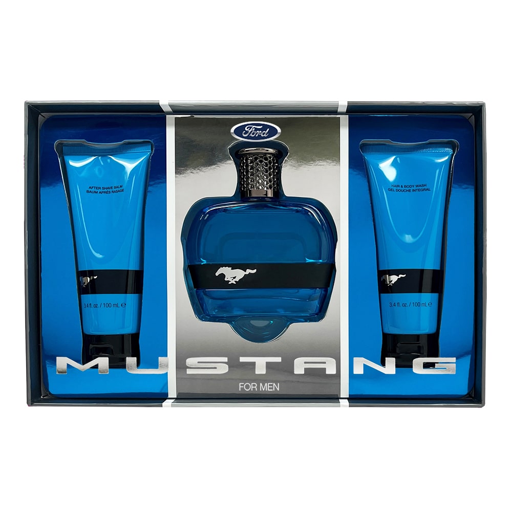 Ford Set: 
Mustang Blue, Parfum de Toaletă, Pentru bărbați, 100 ml + Mustang Blue, Hidrantare, Balsam pentru după ras, 100 ml + Mustang Blue, Hidrantare, Dezinfectant corporal, Pentru păr și corp, 100 ml