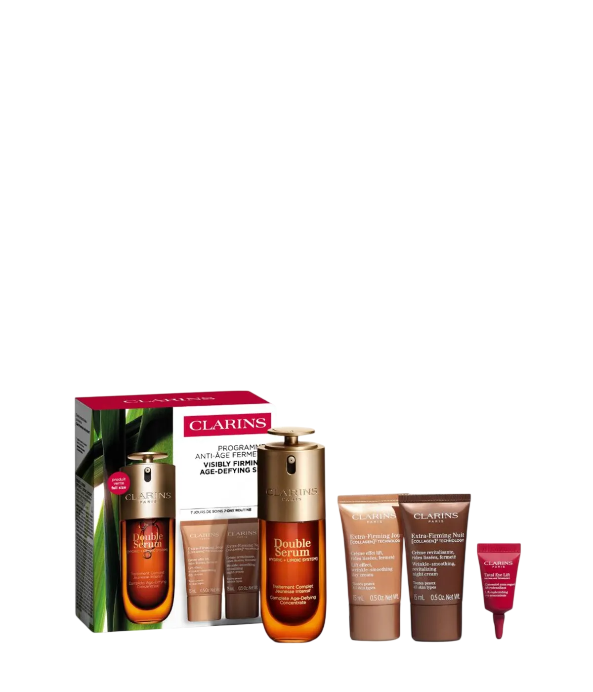 Set Clarins: Double Serum, Anti-îmbătrânire, Zilnic, Ser, Pentru Față, 50 ml + Extra-Firming, Firmant, Zi, Creme, Pentru Față, 15 ml + Extra-Firming, Colagen, Firmant, Noapte, Creme, Pentru Față, 15 ml + Total Eye, Lifting, Crema pentru ochi, 3 ml