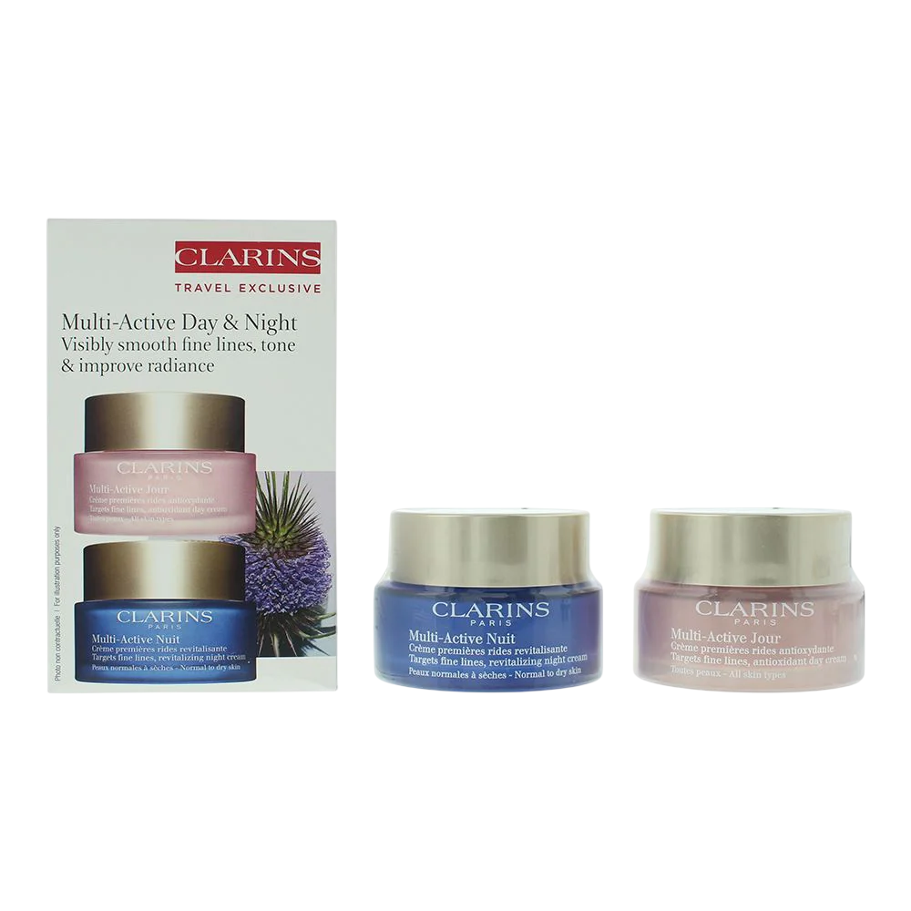 Set Clarins: 
Multi Active Jour, Anti-Age, Crema de zi, Pentru față, 50 ml
+ Multi Active, Acid Hialuronat, Înmuierea, Noapte, Crema pentru față, 50 ml