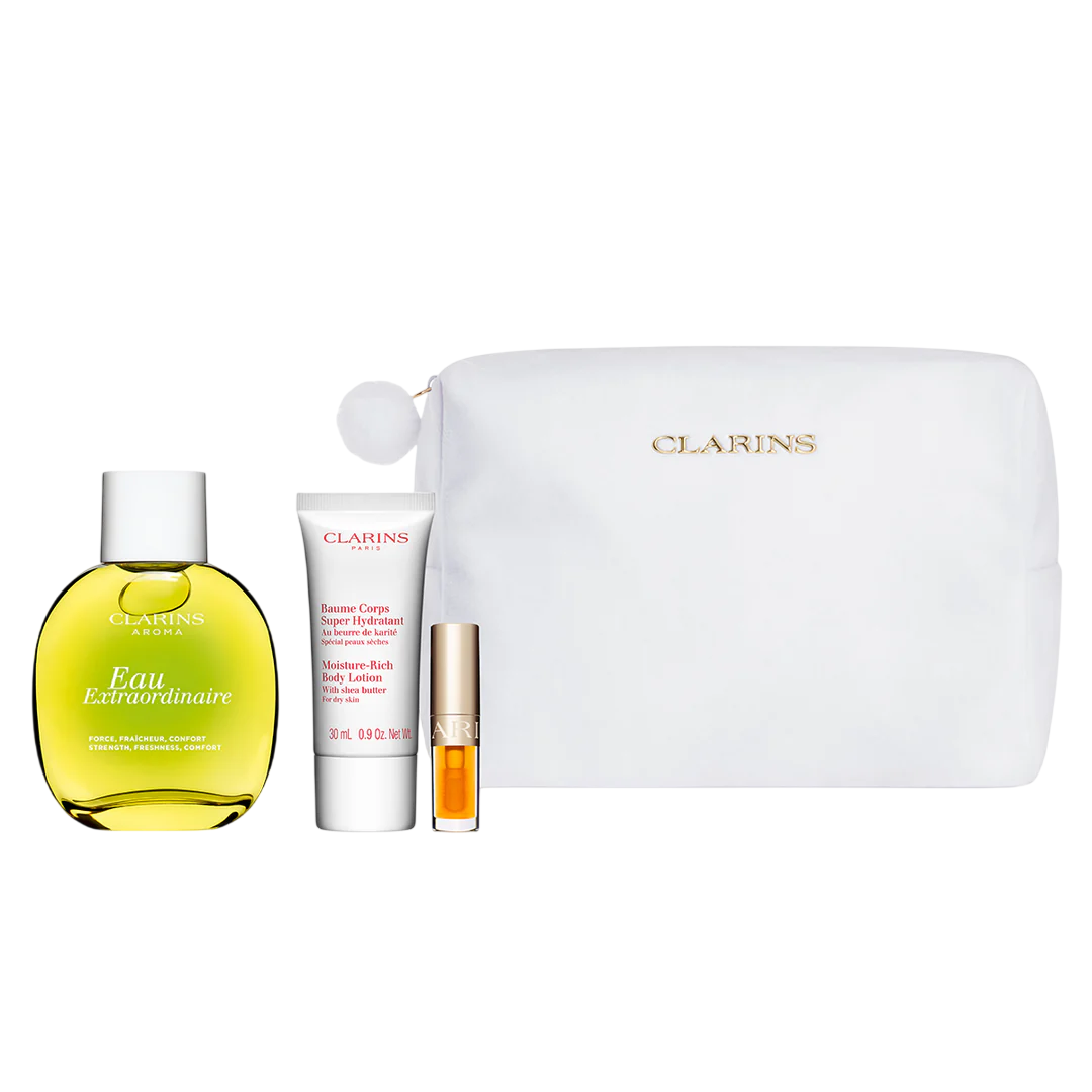 Set Clarins: Eau Extraordinaire, Eau De Toilette, Pentru Femei, 100 ml + Umedicat, Unt de Măducel de Karite, Îngrășământ Corp, Lotion Corporală, Corp, 30 ml + Confortul buzelor, Ulei pentru buze, 01, 1.4 ml *Miniatură + Clarins, Pungă cu Zip, Pachet Textil GWP, Alb