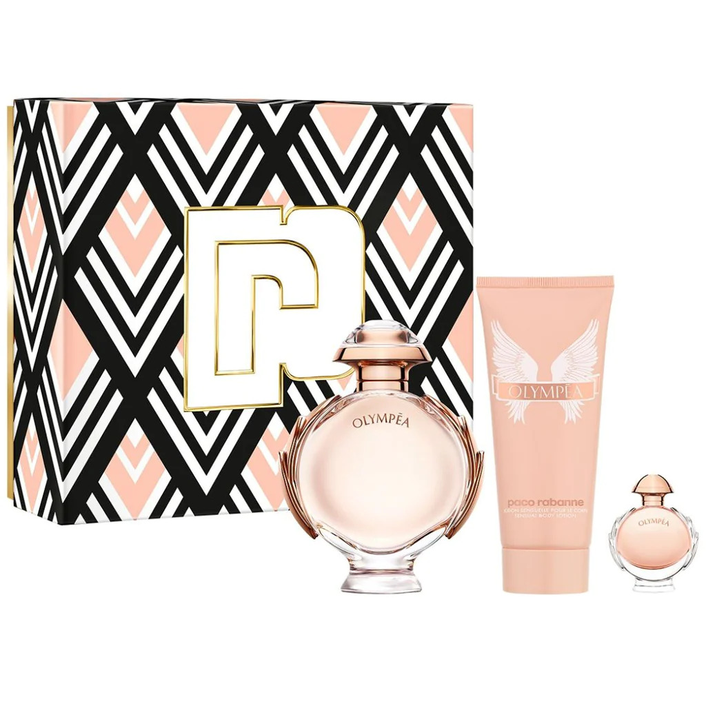 Set Paco Rabanne: Olympea, Eau de parfum pentru femei, 80 ml + Olympea, Hidrantă, Lotion corporală hidratantă, 100 ml + Olympea, Eau de parfum pentru femei, 5 ml