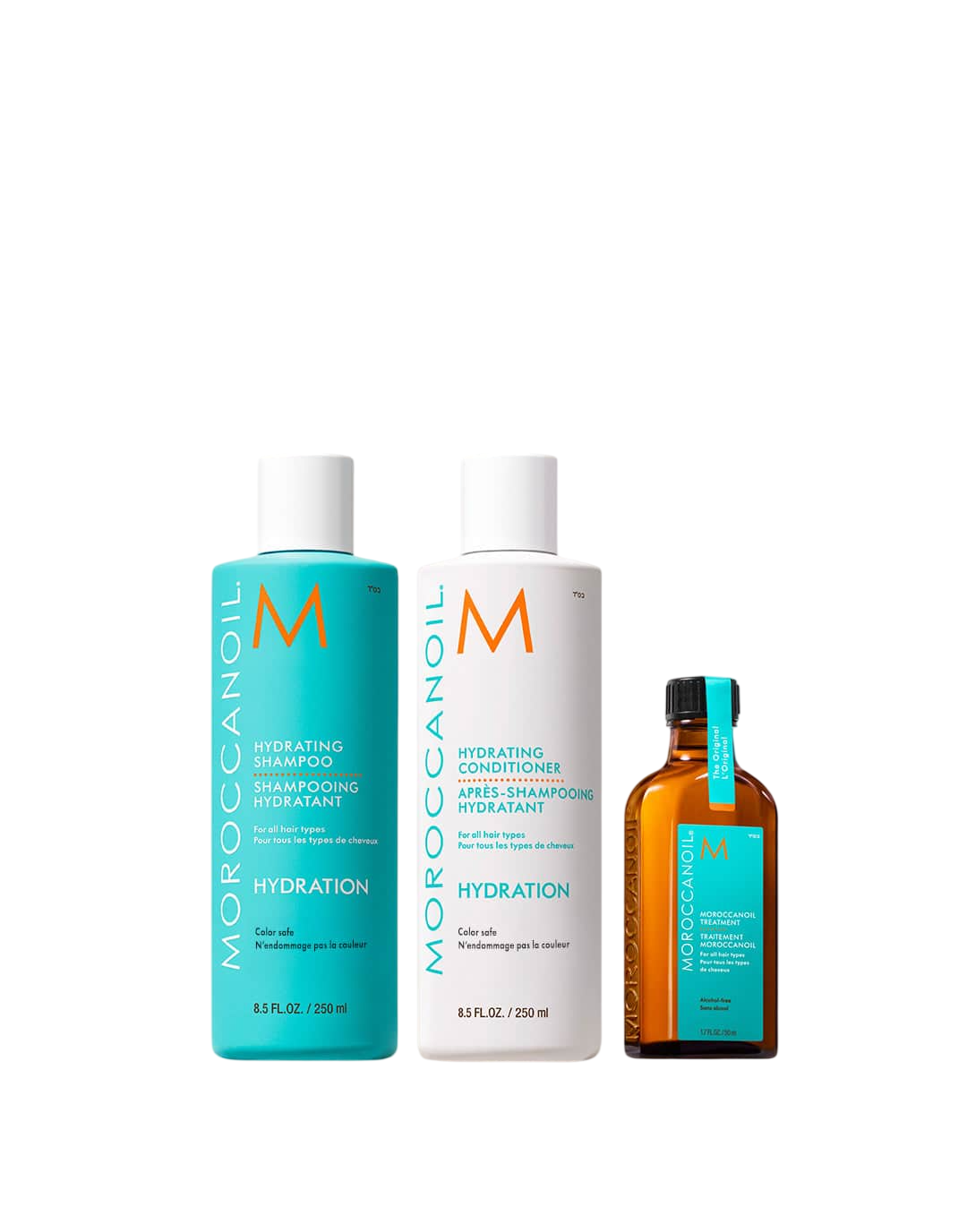 Morokkanol: Nemlendirici, Parafen Olmayan Saç Kondüsyonu, Nem ve Parlaklık, 250 ml + Nemlendirici, Paraben-Free, Saç Şampuanı, Nem ve Parlaklık, 250 ml + Moroccanoil, Saç Yağı Tedavisi, Revitalizing & Fortifying, 50 ml