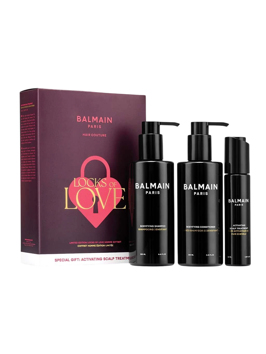 Setul Locks de Dragoste Balmain Professionnel:

*   Pălăria pentru bărbați, cu efect bodyfying, 250 ml
*   Condiiționer pentru păr masculin, cu efect bodyfying, 250 ml
*   Serul capilar pentru barbati, stimulează creșterea părului, 50 ml