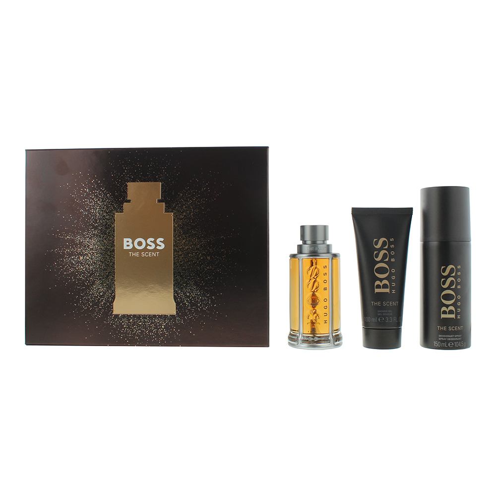 Setul Hugo Boss: The Scent, Gel de curățare, Set Shower Gel, Pentru toate tipurile de piele, 100 ml + The Scent, Eau De Toilette, Pentru bărbați, 10 ml + The Scent, Spicy, Spray de deodorant, Pentru bărbați, 150 ml