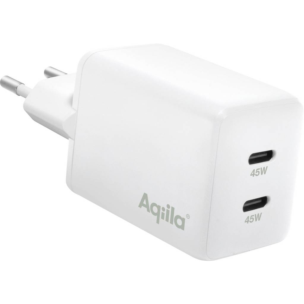 AQİLLA W2 USB Şarj Cihazı 45 V, 2 x USB-C ^{®} Güç Teslimatı Beyaz İç Mekan AQWCW2PBI45W904