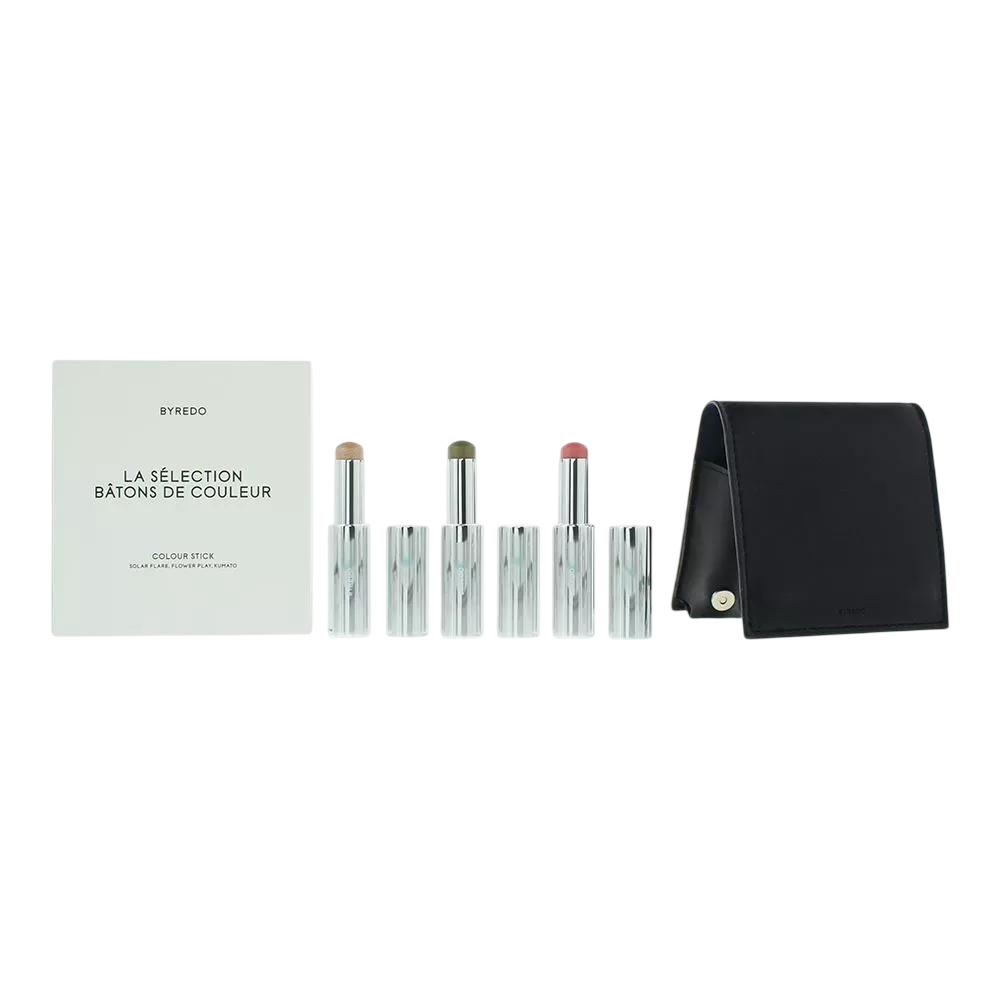 Setul Dark Blue de la Byredo: Sticla de culoare, multifuncțională, sticluța pentru sprâncene, 509, Solar Flare, 3,5 g + Sticla de culoare, multifuncțională, sticluța pentru sprâncene, Kumato Face, 3,5 g + Sticla de culoare, multifuncțională, sticluța pentru sprâncene, Flower Play, 3,5 g + Byredo, Pachetul GWP din piele