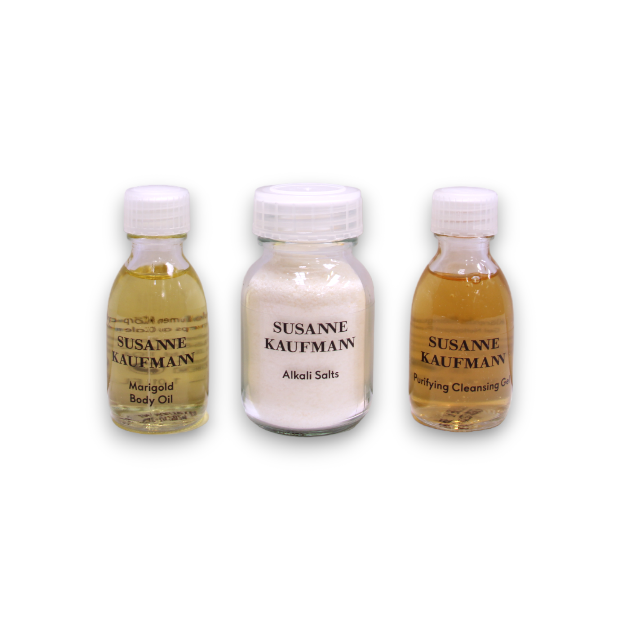 Colectia de tratamente acasă Susanne Kaufmann: 

*   Purificator facial paraben-free
*   Gel purifiant pentru față (30ml)
*   Lichide și creme corporale fără sulfate 
    *   Cremă hidratantă corp, zi (15 ml) 
    *   Ulei de marjolca hidrantator (30 ml)