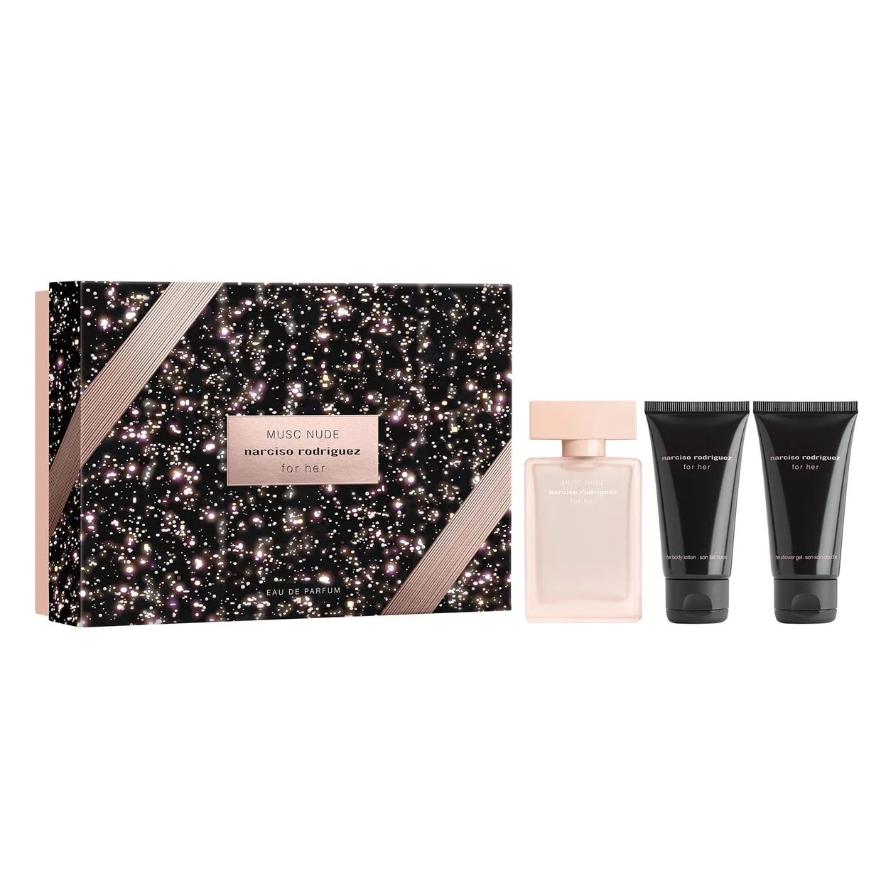 Set Narciso Rodriguez: 
Musc Nude, Eau De Parfum pentru Femei, 50 ml
+ Musc Nude, Lotion hidratantă, corp, 50 ml
+ Musc Nude, Gel de dusch curativ, pe toată suprafața corporală, pentru orice tip de piele, 50 ml