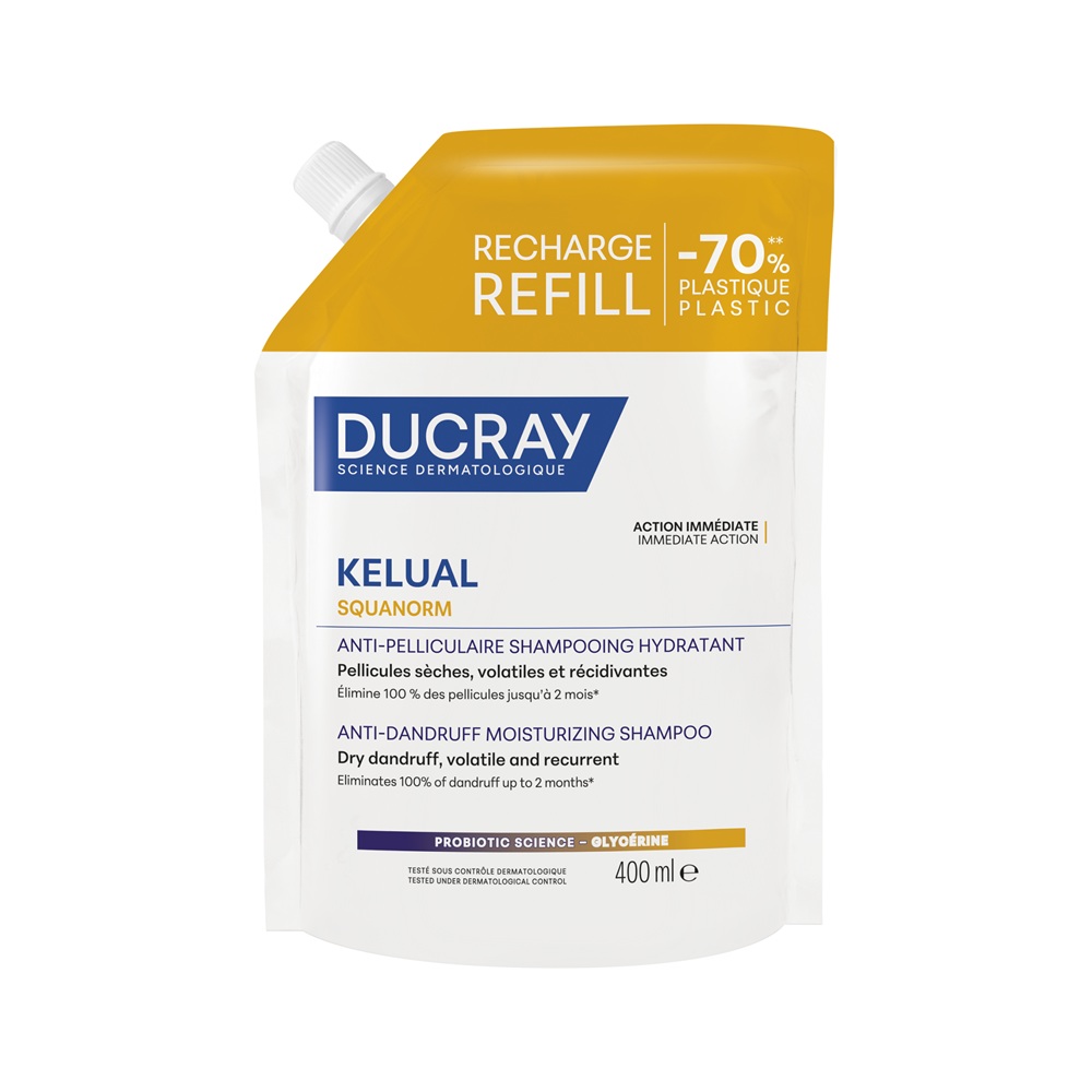 Ducray, Kelual Squanorm, Spălare pentru păr cu tratament de spumă anti-pru, Pentru scalp cu prurit uscat, Refil, 400 ml.