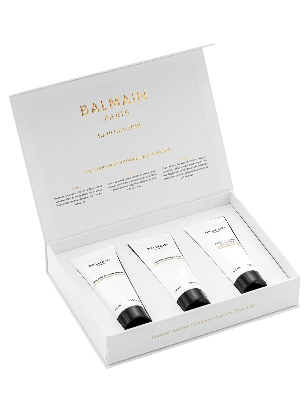 Set Balmain Professionnel: Culori de Modă, Spuma Părului pentru Uscare, 50 ml + Culori de Modă, Uleiul de Argan, Condiiționent pentru Par, Pentru Îngrijire și Protecție a Culoarelor, 50 ml + Culori de Modă, Crema de Tratare a Părului, Hidrantă și Protejantă a Culoarei, 50 ml